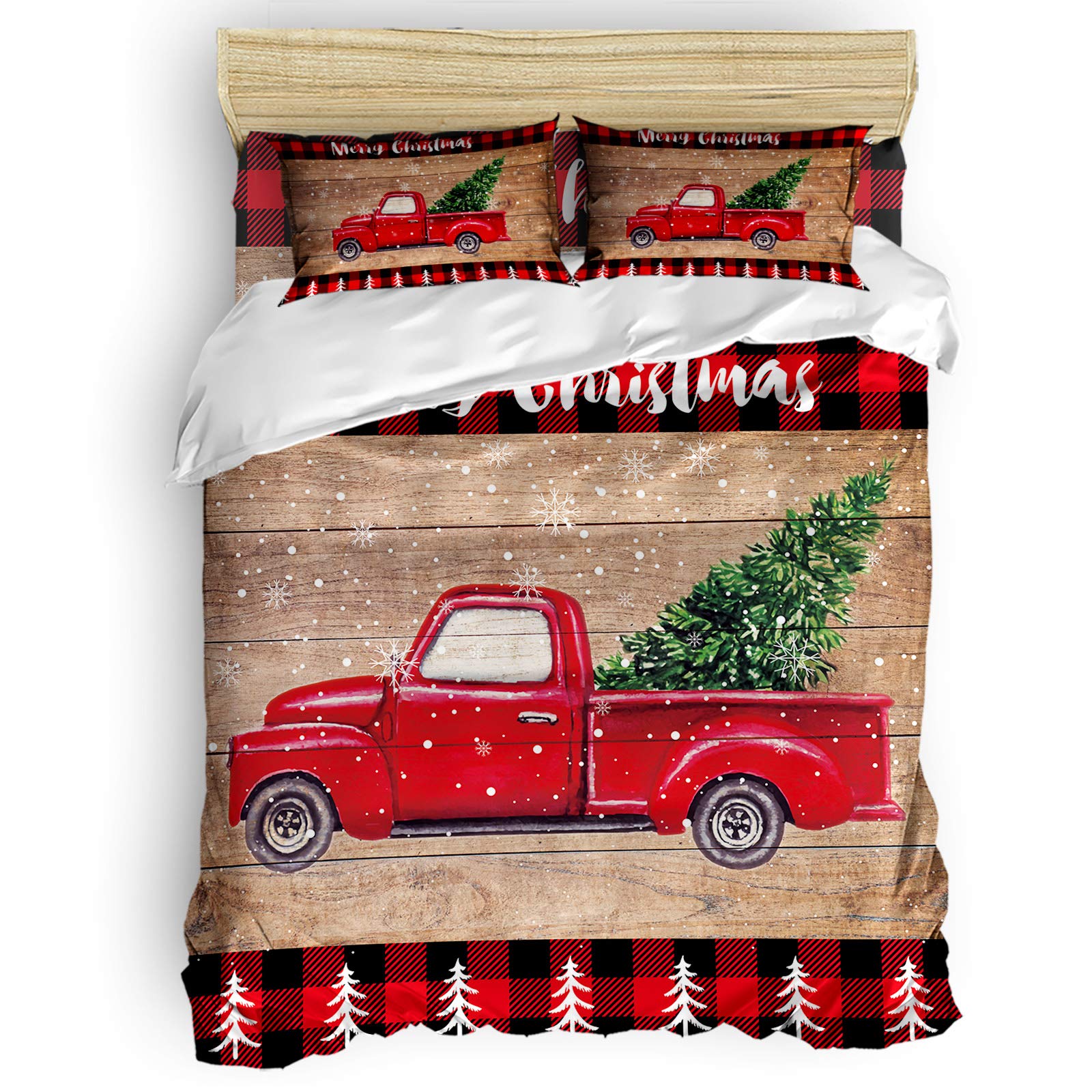 Millxiu King Size Christmas Bedding Set - Red Truck Buffalo Plaid Duvet Cover with 1 Bed Sheet & 2 Pillowcases | Cozy Holiday Decor for Teens, Women, Girls & Boys Bedrooms