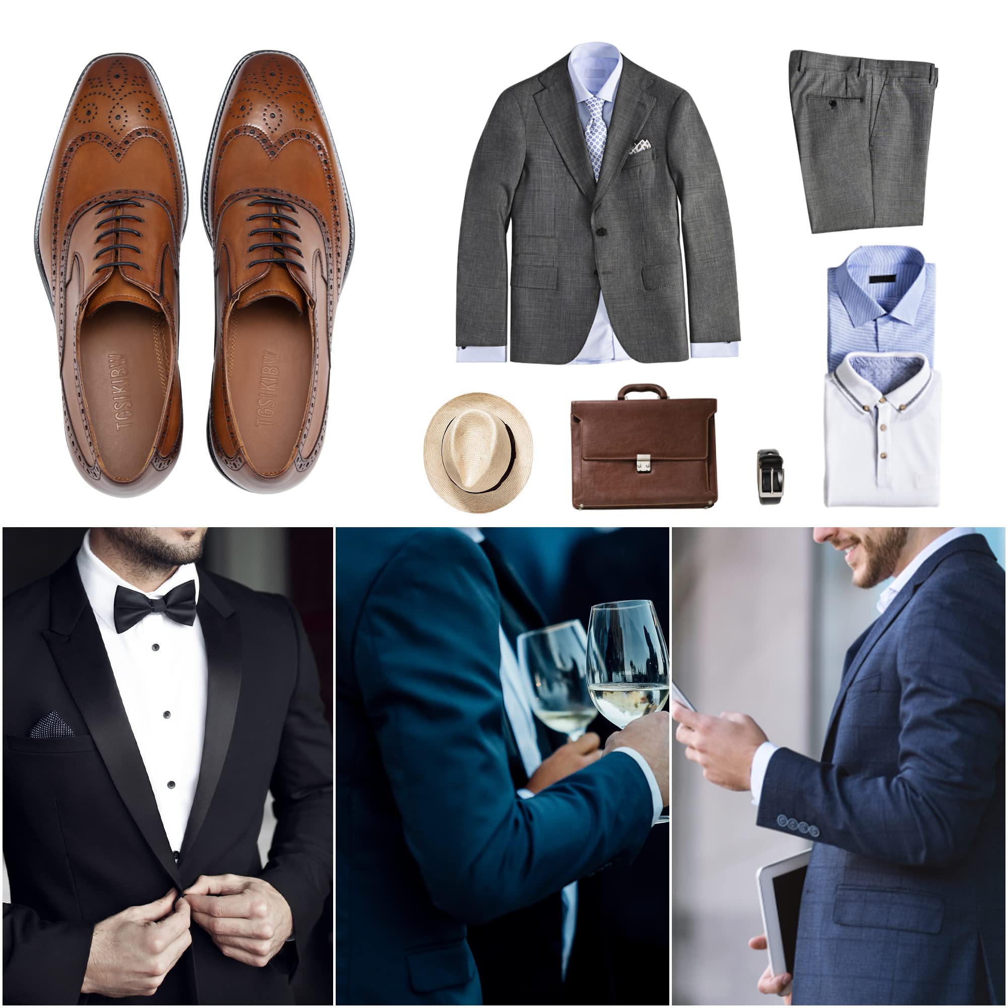 Men's Oxford Dress Shoes - Classic Low Heel Leather Brogue Wingtip Formal Shoes for Business, Office & Wedding | Gatsby Style Black Leather Shoes for Professional & Special Occasions