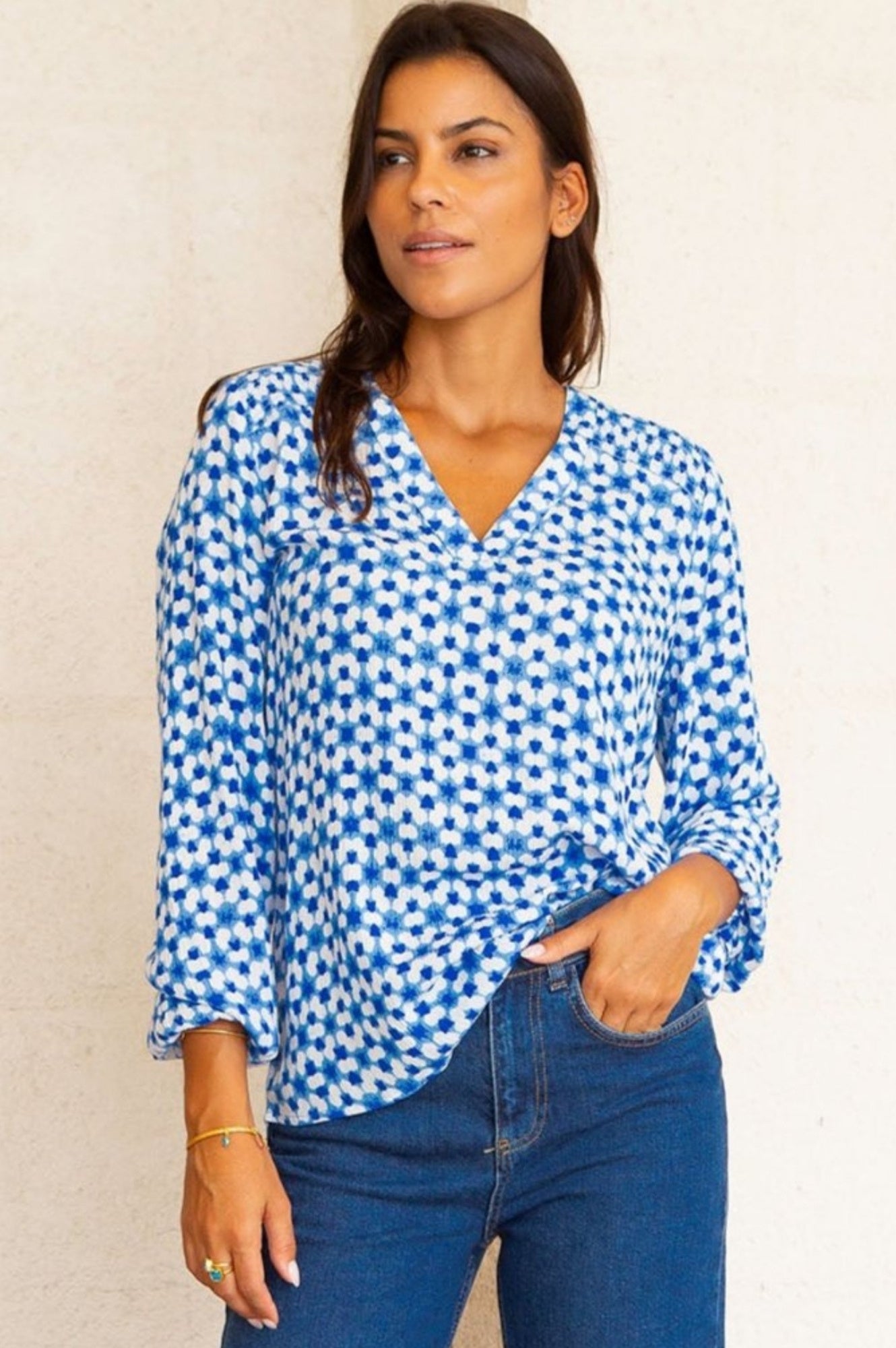 Clea Blouse | Maui Blue & White Floral Print Women's Top | Perfect for Beach Vacations & Summer Outfits