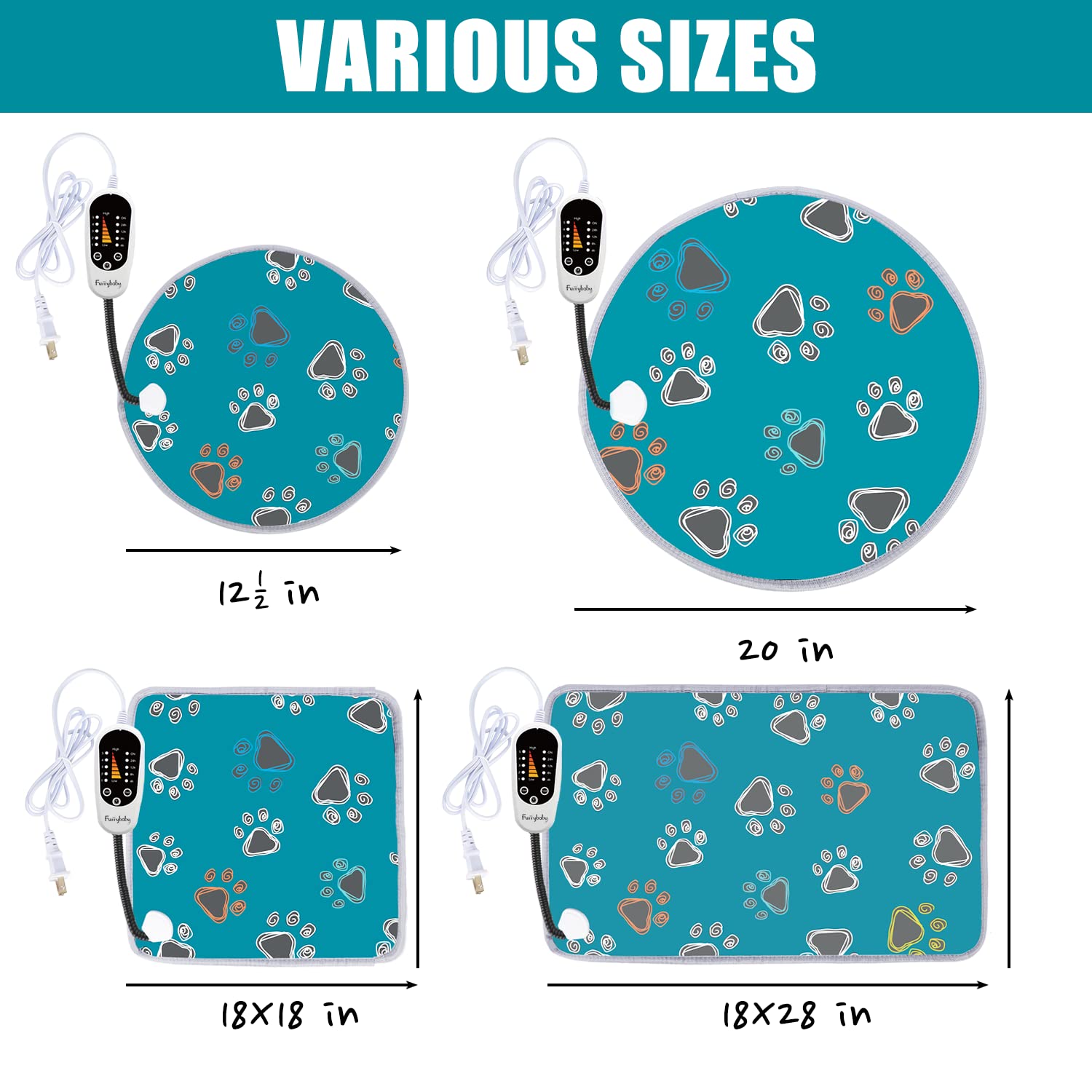 Furrybaby Waterproof Pet Heating Pad - 5-Level Temperature Control & Timer, Durable Anti-Bite Tube - 17x17 Inch Warm Mat for Dogs, Cats, Puppies - Indoor Use for Arthritis Relief & Winter Comfort (Green Paw)