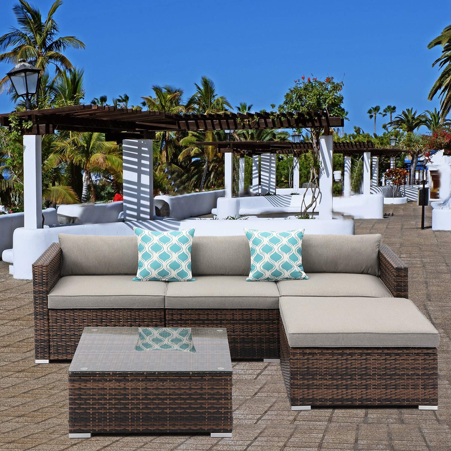 AQUILLA 5-Piece Outdoor Sectional Patio Wicker Sofa Set with Blue & White Plaid Pillows, Tempered Glass Coffee Table & Waterproof Cover - Perfect for Backyard, Poolside, Garden & Patio Relaxation