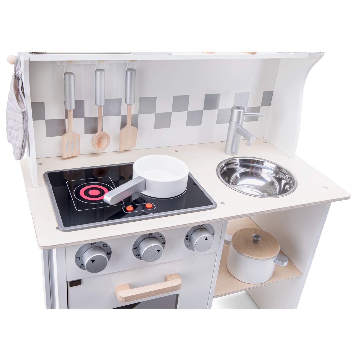 **Wooden Pretend Play Kitchen Set for Kids - Classic Toy with Electric Cooking Sounds & Accessories - Modern White Design - Perfect for Role Play & Imaginative Learning**