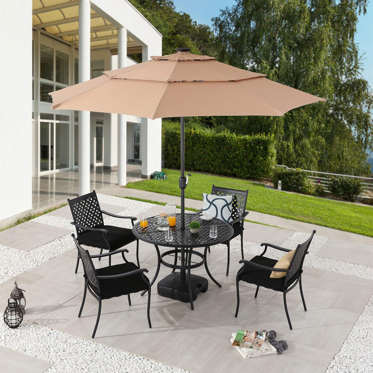 Outdoor 3-Tier Aluminum Market Umbrella with Push Button Tilt & Easy Crank - 9.8FT Patio Umbrella with 8 Solar LED Lights - All-Weather Khaki Umbrella for Backyard, Poolside & Outdoor Dining