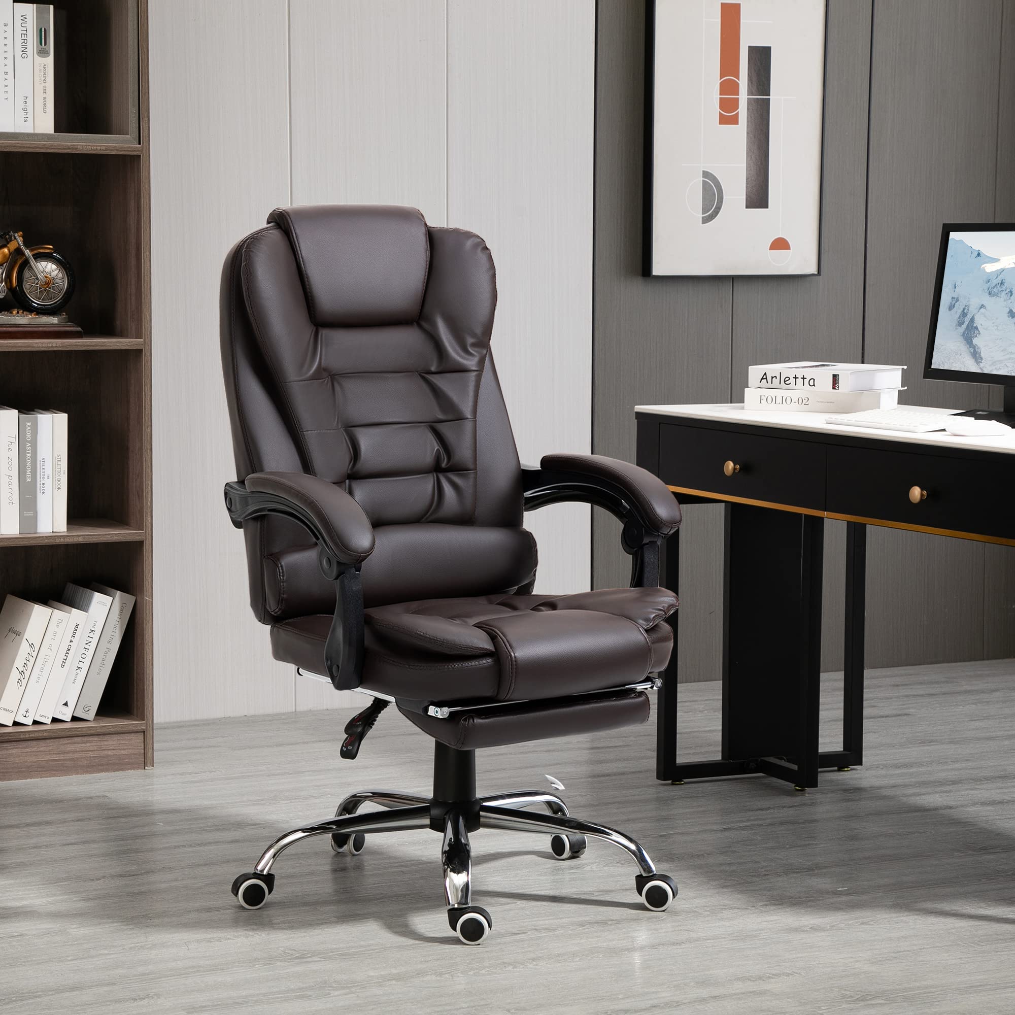 HOMCOM High Back Ergonomic Executive Office Chair - PU Leather Computer Desk Chair with Adjustable Lumbar Support, Retractable Footrest, Padded Headrest & Armrests (Coffee Brown) for Home Office, Gaming & Workspace Comfort