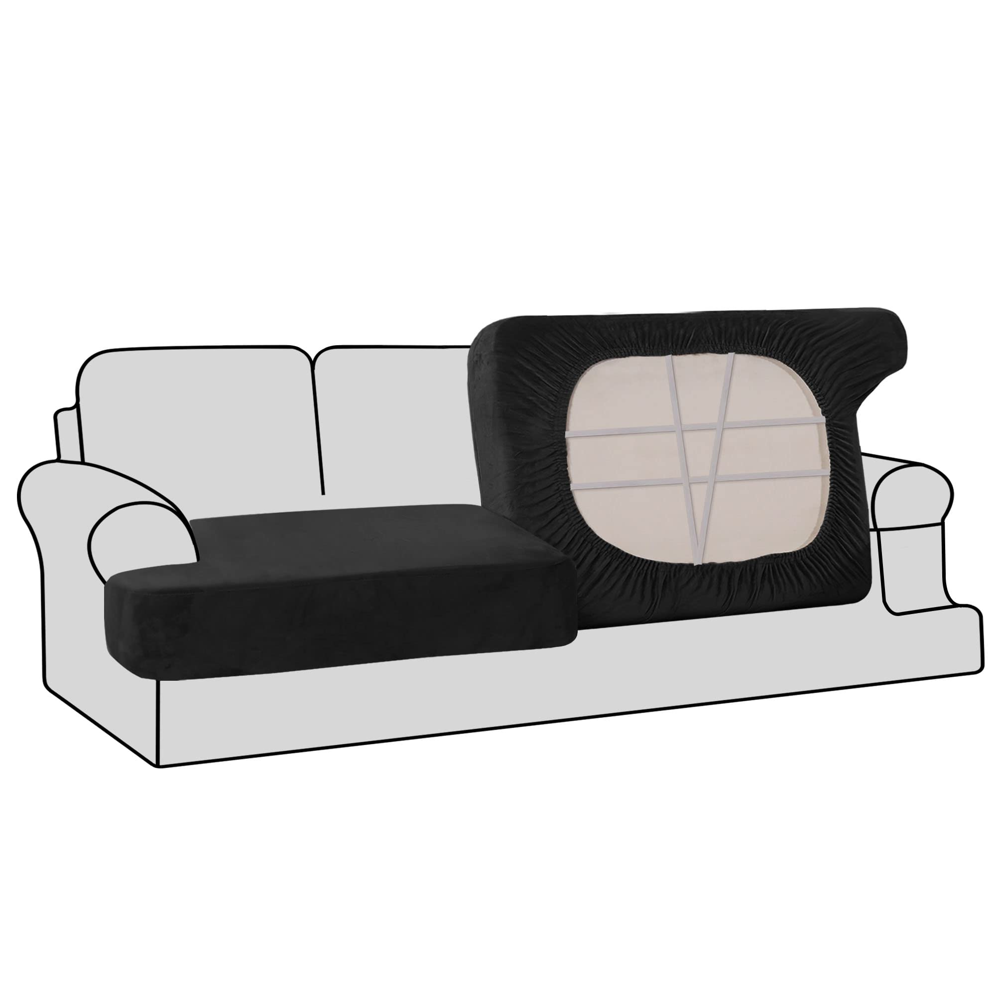 H.VERSAILTEX Stretch Velvet 2-Piece T-Cushion Sofa Slipcovers - Soft Elastic Sofa Seat Covers for 2-Cushion Couches, Non-Slip Furniture Protector (Black) - Perfect for Living Room, Home Decor & Pet-Friendly Furniture Protection