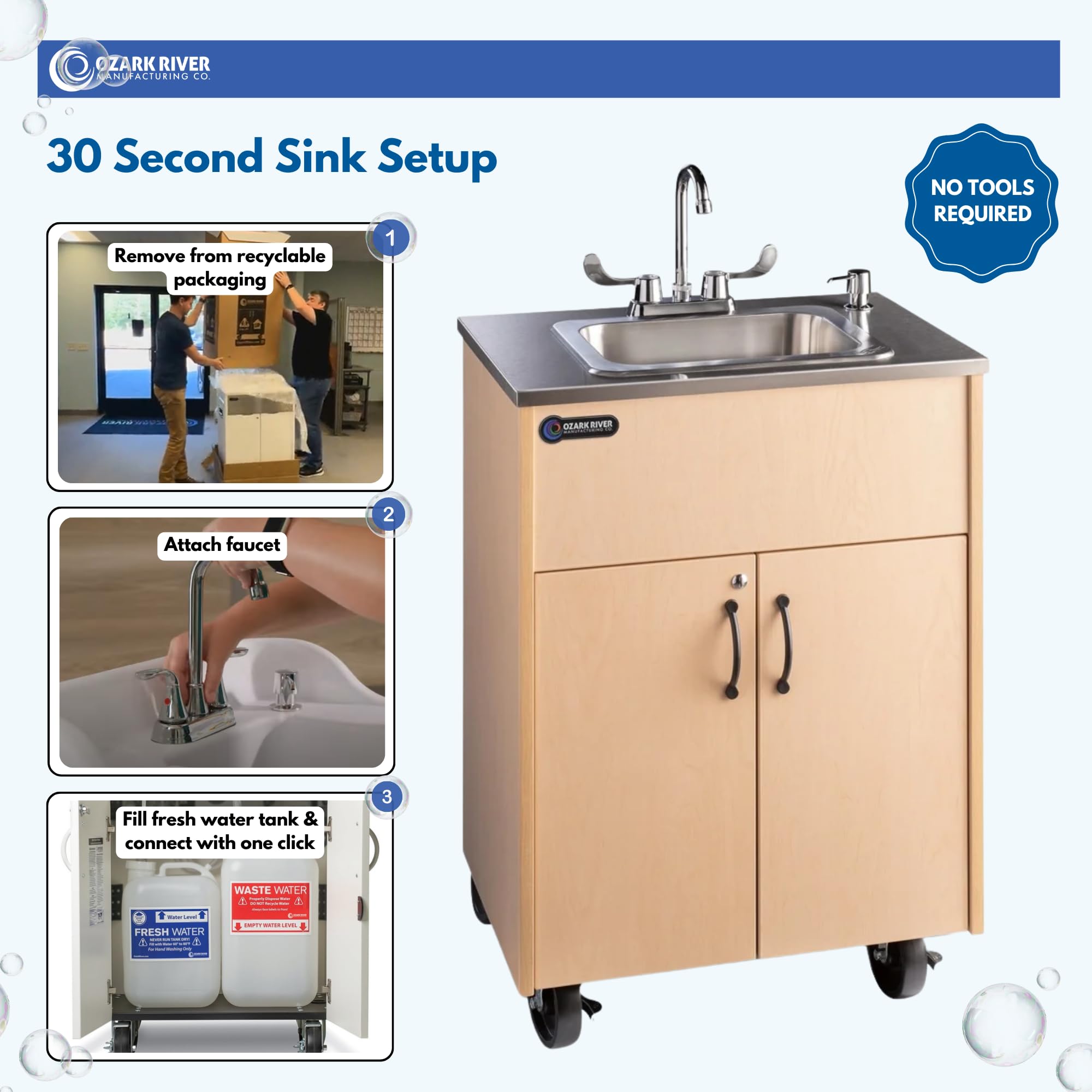 **Ozark River Portable Sink S1D - NSF Certified Stainless Steel Deep Basin with Maple Laminate Cabinet | Mobile Hand Washing Station with Hot Water & Wheels | Ideal for Outdoor Events, Food Trucks, Camping & Emergency Use**