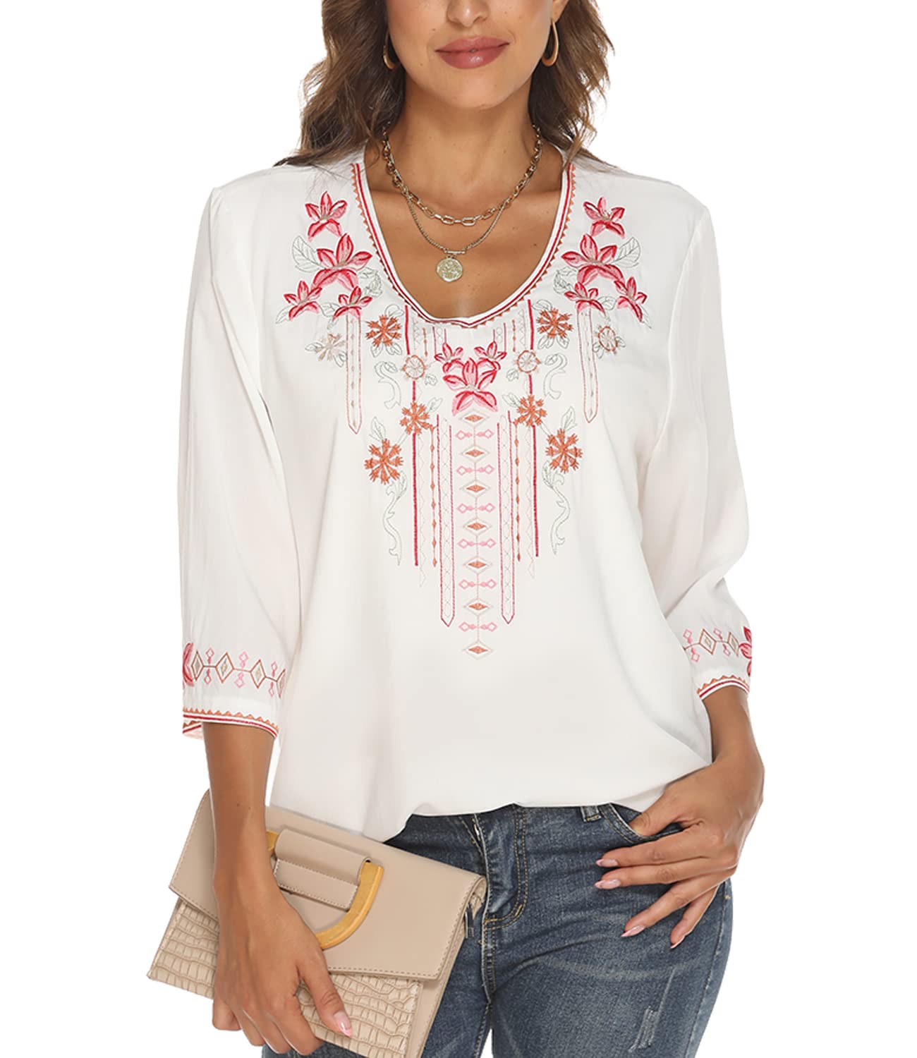 Higustar Women's Mexican Embroidered Bohemian Peasant Blouse - 3/4 Sleeve Boho Tunic Top for Festivals, Beach & Casual Wear | Hippie Style Summer Shirt