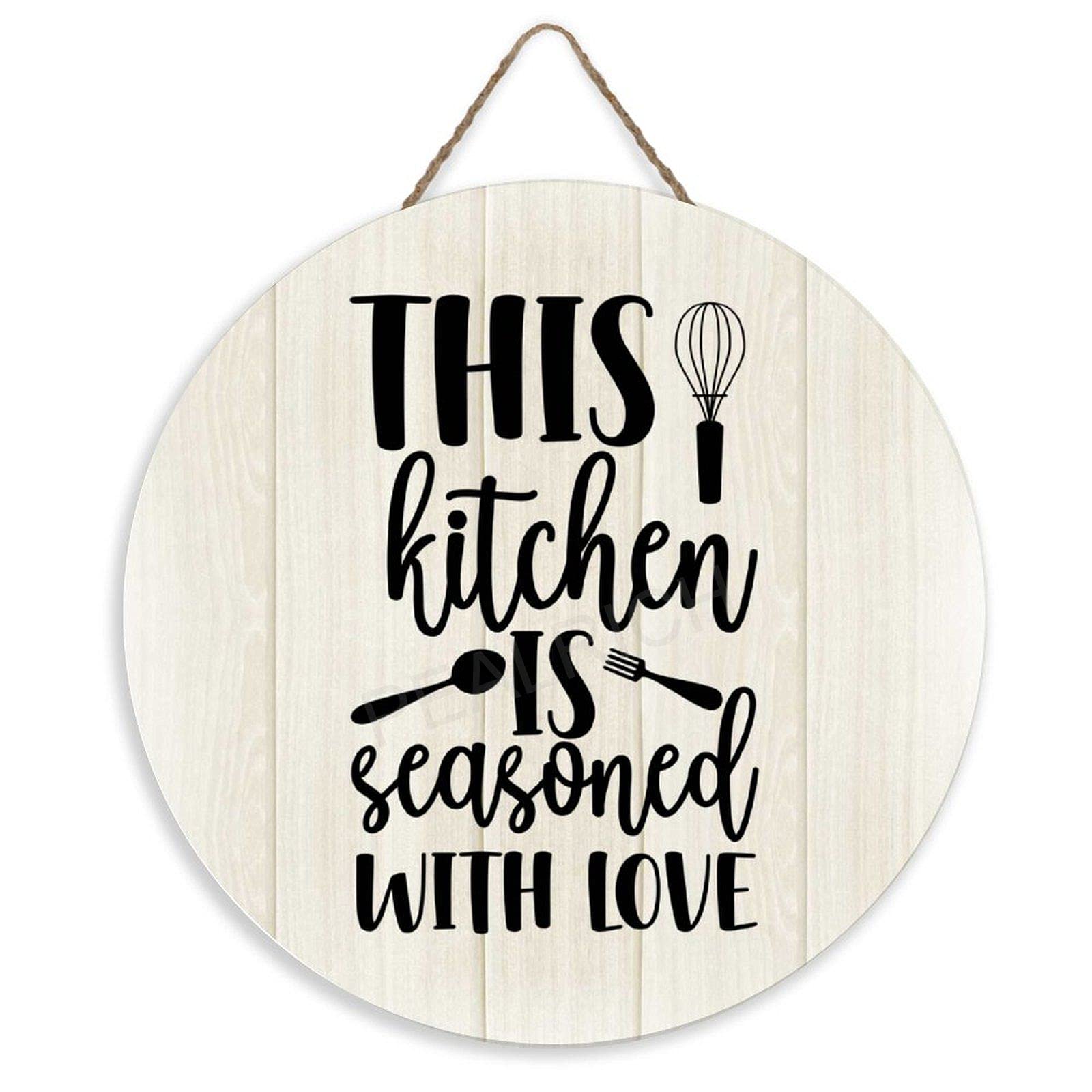 12” Round Wooden Porch Sign - 'This Kitchen is Seasoned with Love' Farmhouse Decor for Front Door, Living Room, Bedroom & Dining Room | Rustic Fall Home Decoration for Thanksgiving & Seasonal Celebrations