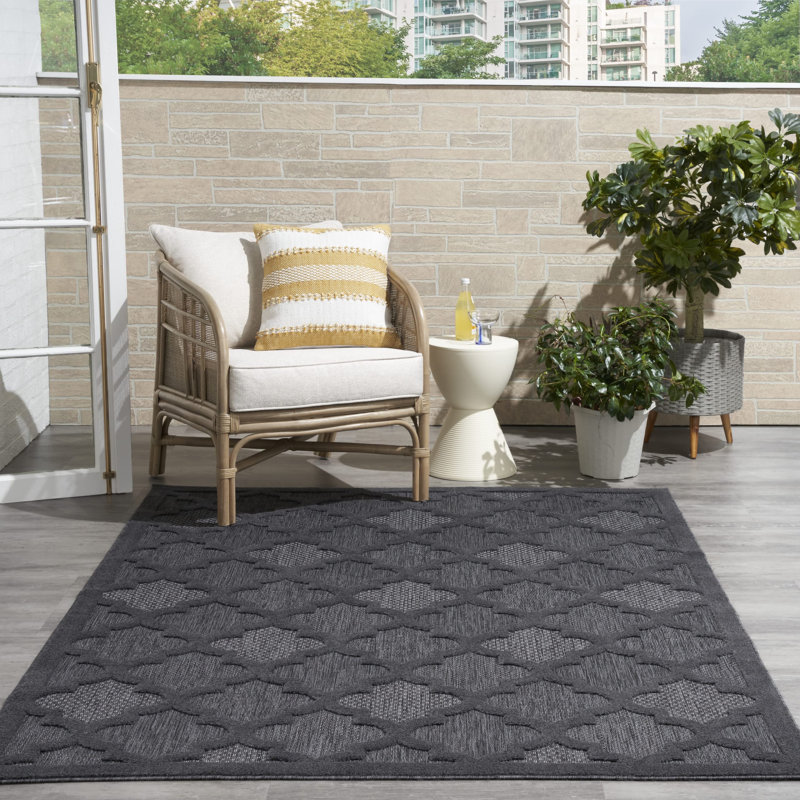 Nourison Easy Care Moroccan Charcoal/Black 6' x 9' Area Rug - Trellis Pattern, Non-Shedding & Easy Cleaning - Perfect for Bedroom, Living Room, Dining Room, Backyard, Deck & Patio (6x9) - Ideal for Home Decor, Outdoor Entertaining & Cozy Gatherings