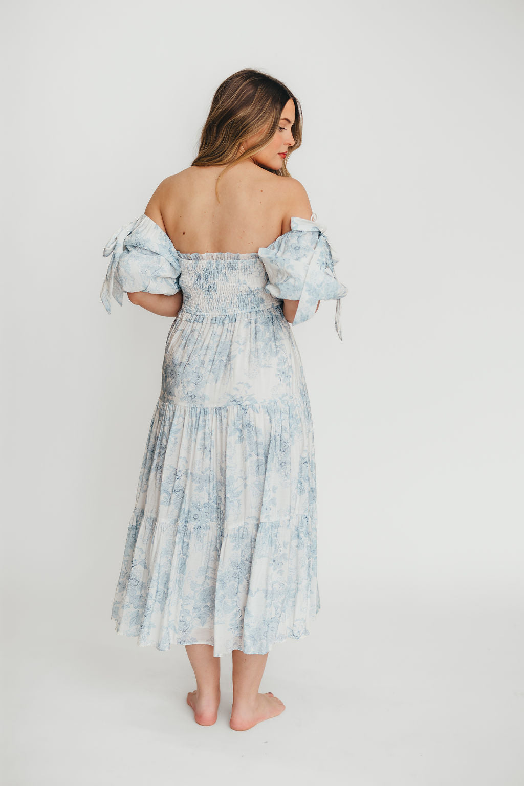 Elena Floral Print Smocked Midi Dress in Blue - Bump Friendly Maternity Dress & Inclusive Sizing for Women - Perfect for Baby Showers, Bridal Events & Summer Weddings