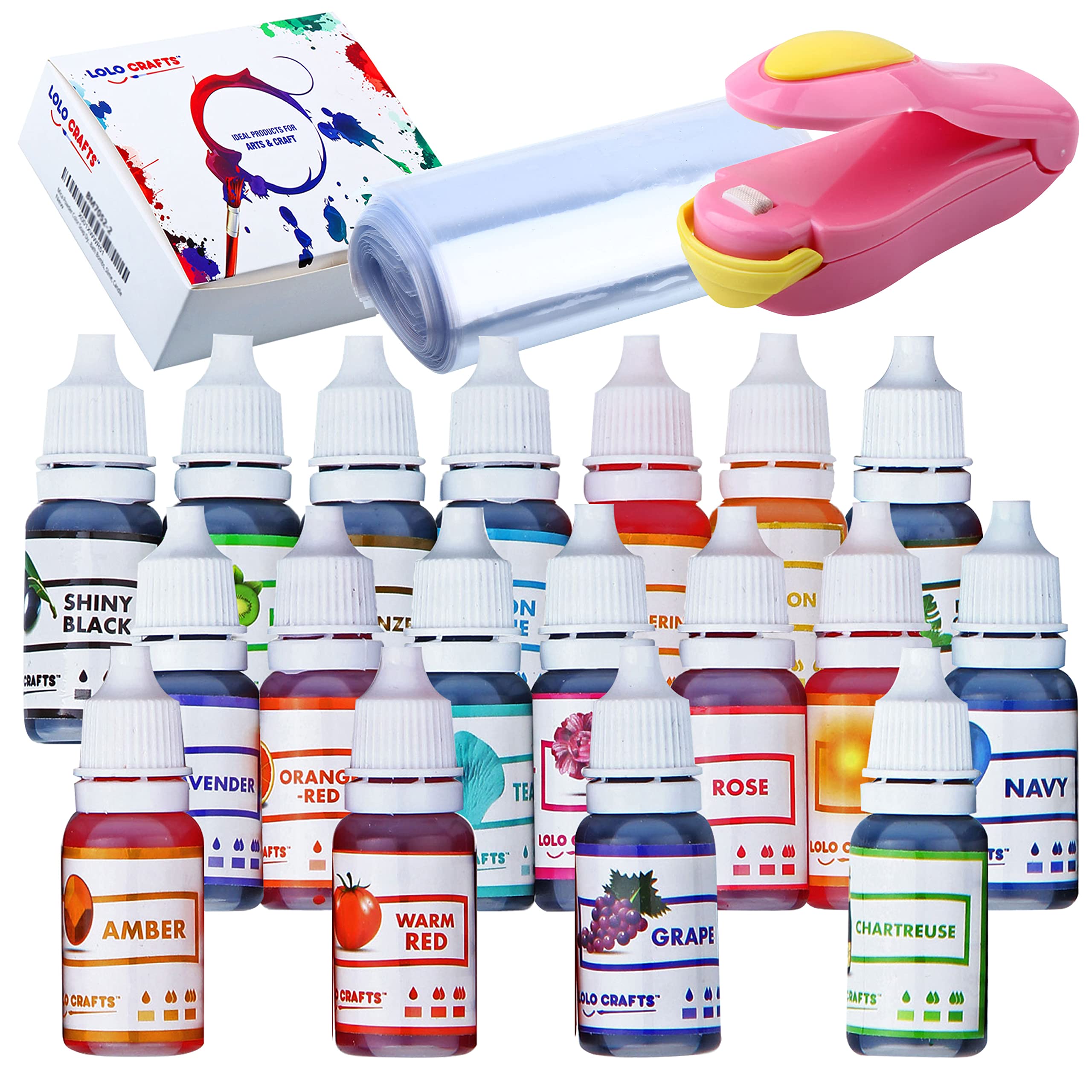 Natural Food Coloring & Soap Dye Kit - 18 Bottles (10ml) Liquid Bath Bomb Colorant + 30 Wrap Bags + Sealer - Skin Safe, Food Grade Dye for DIY Crafts, Slime, Bath Bombs, Cupcakes & Soap Making - Perfect for Home Baking, Spa Gifts & Kids Art Projects