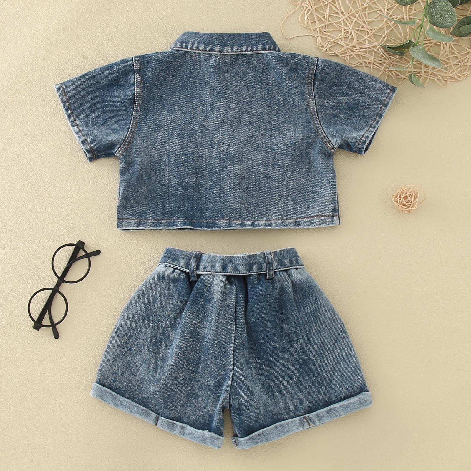 **Toddler Girls Denim Outfit Set - 3-Piece Summer Short Sleeve Top & Shorts with Belt | 2T Size | Casual Playwear & Outdoor Adventures**