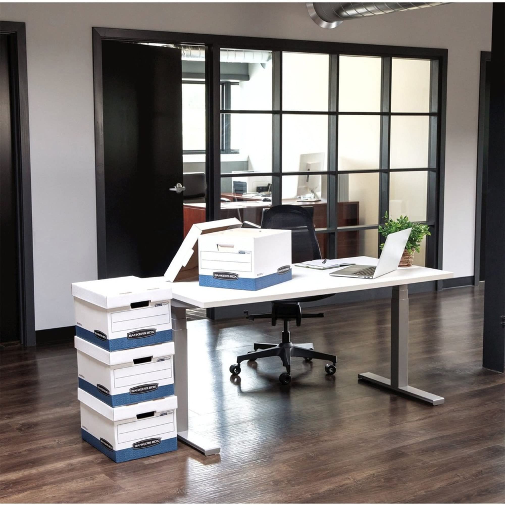 Bankers Box 12 Pack Heavy-Duty File Storage Boxes - Instant Assembly, Lift-Off Lid, Letter Size (White/Black) - Perfect for Office Organization, Document Storage & Moving Supplies