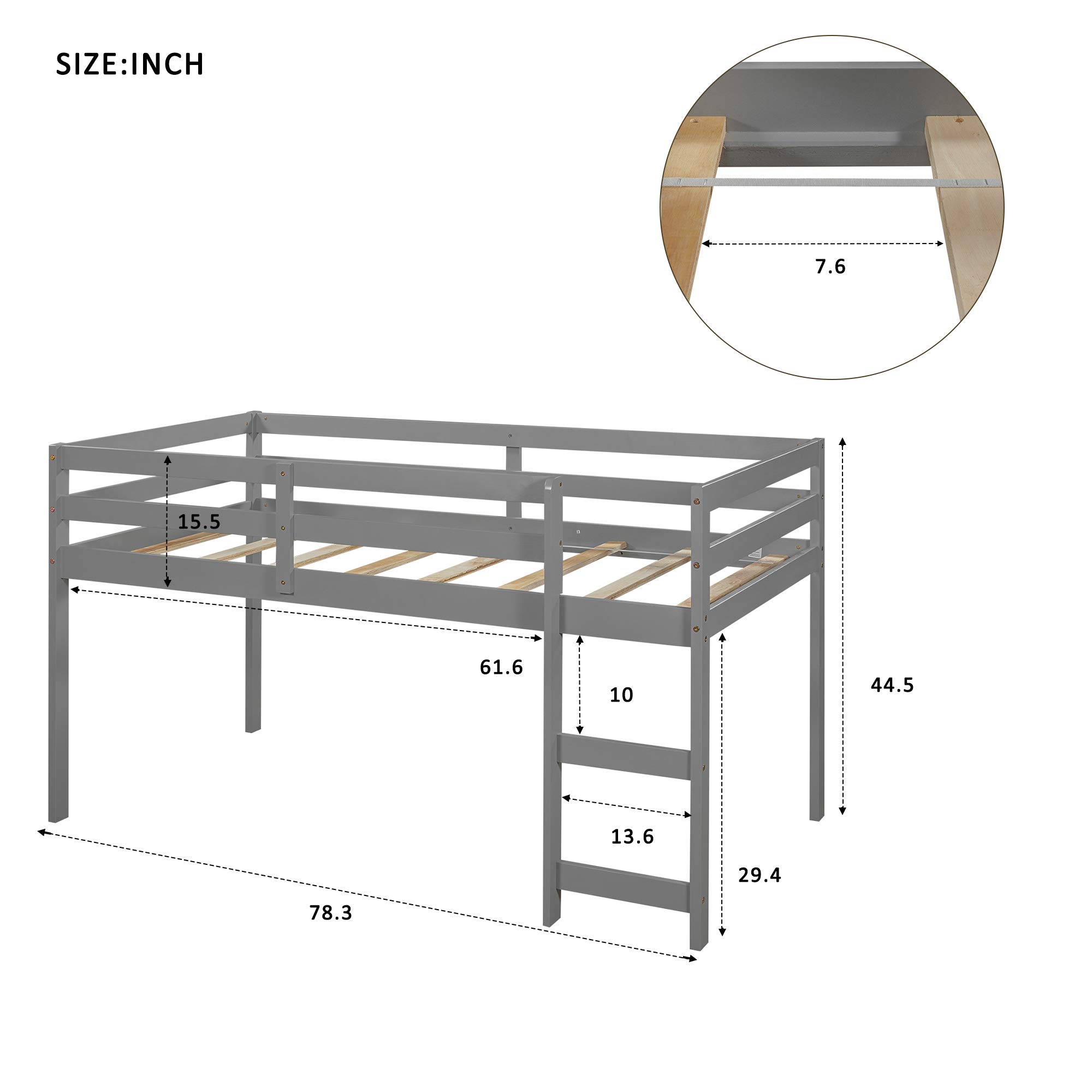 SOFTSEA Twin Size Low Loft Bed with Rolling Desk, Storage Cabinet & Bookshelf - Space-Saving Study Bed for Kids & Teens (Gray) - Perfect for Small Bedrooms, Dorm Rooms & Home Office Spaces