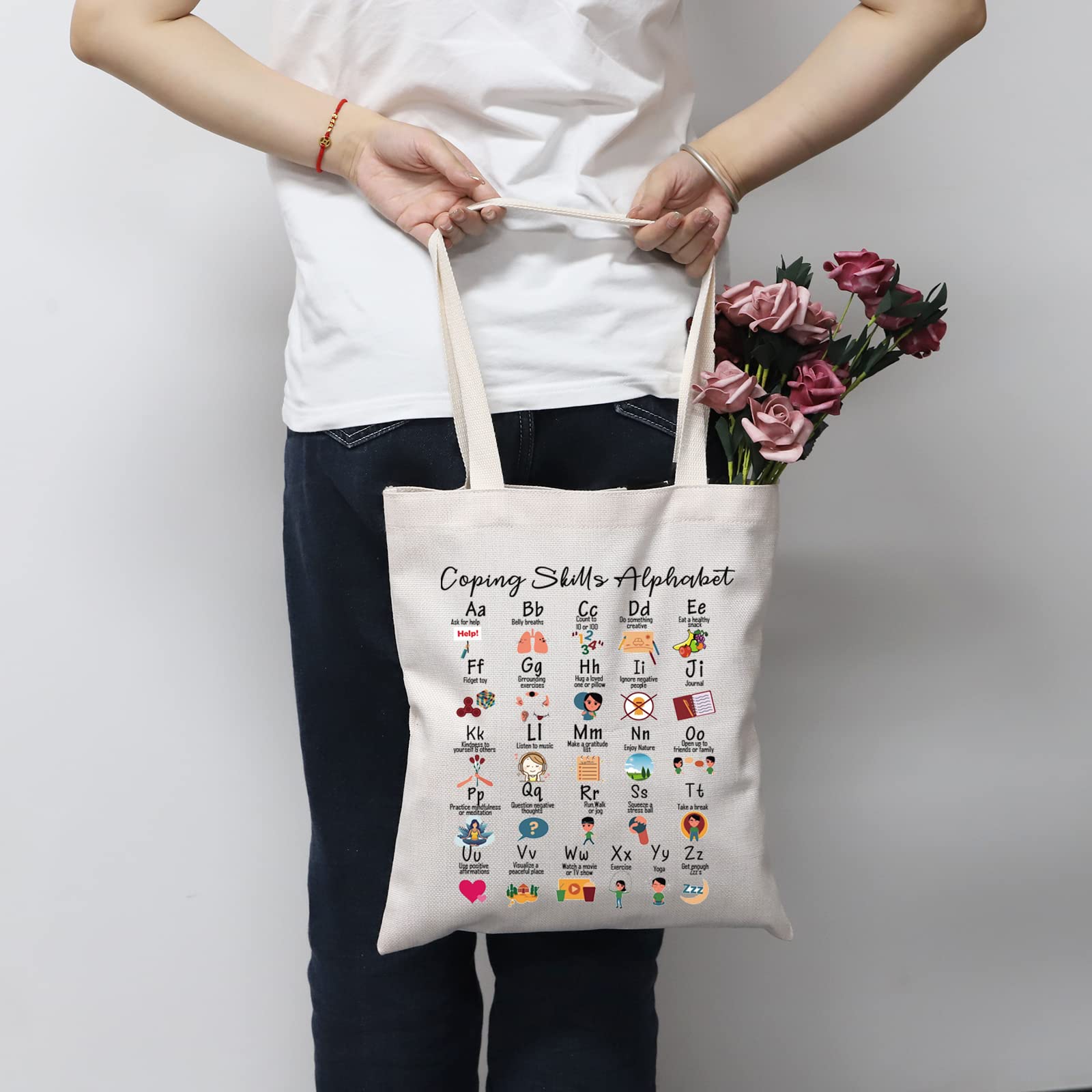 Mental Health Awareness Tote Bag - Coping Skills Alphabet Print Counselor & Therapist Handbag for Stress Relief, Self-Care Gift Idea | Perfect for Therapy Sessions, Work, School & Daily Use
