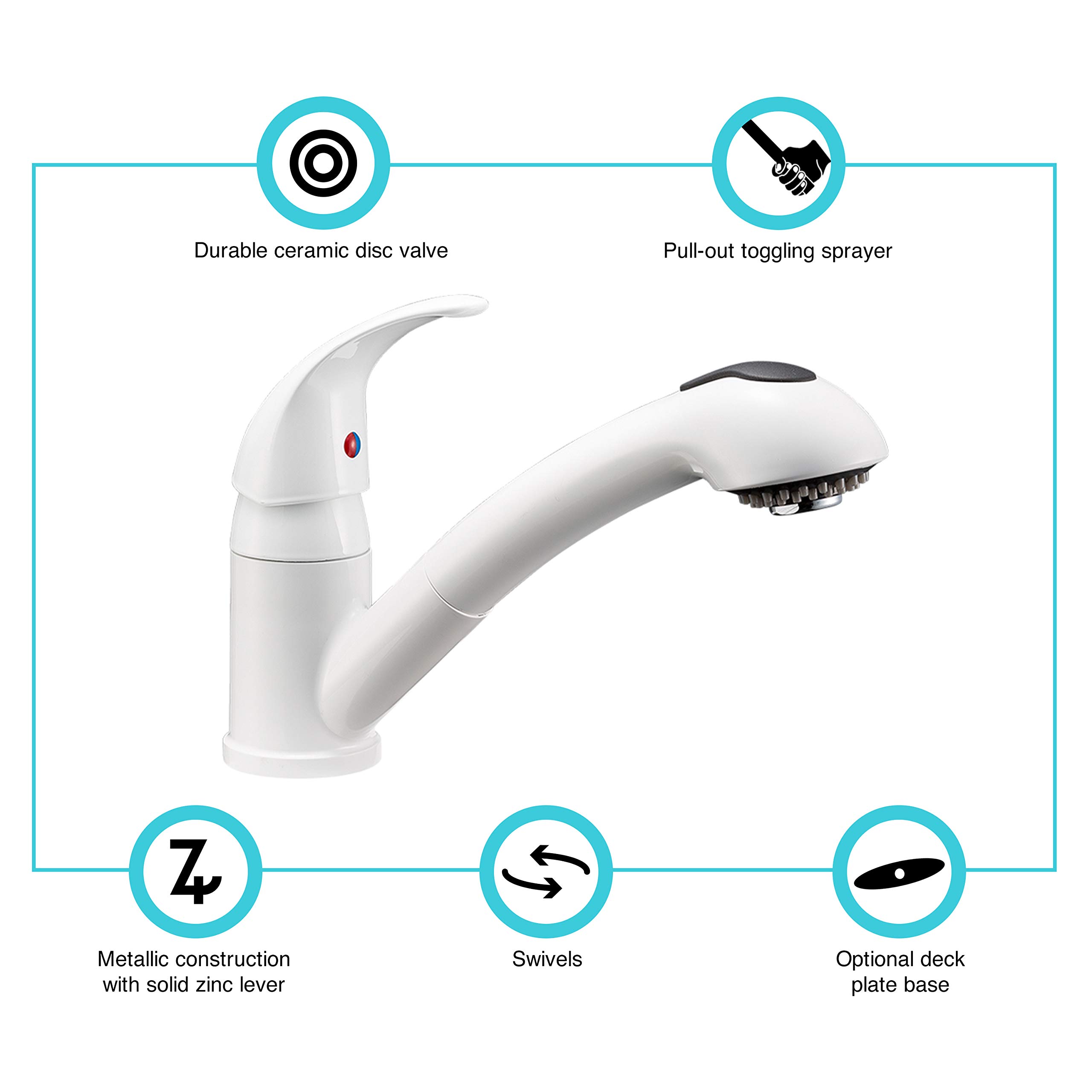 Durable RV Pull-Out Swivel Single Handle Kitchen Sink Faucet - One-Hole White Faucet for RV, Camper & Tiny Homes | Easy Installation & Water-Saving Design | Perfect for Small Spaces & Mobile Living