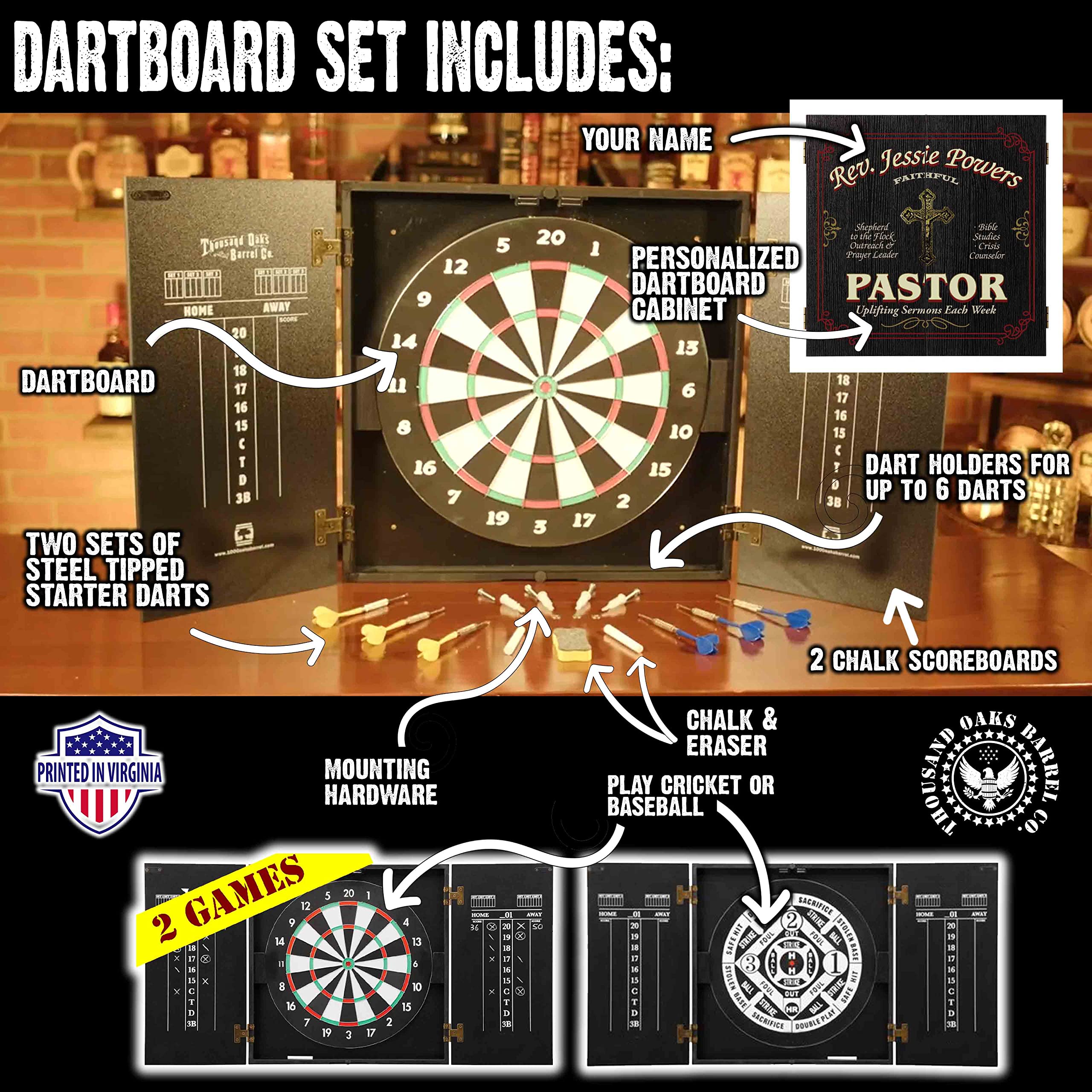 THOUSAND OAKS BARREL CO. Personalized Dartboard & Cabinet Set - Professional Steel Tip Dart Board for Adults with 6 Darts, Eraser & Chalk Scoreboard - Perfect for Game Rooms, Bars & Home Entertainment
