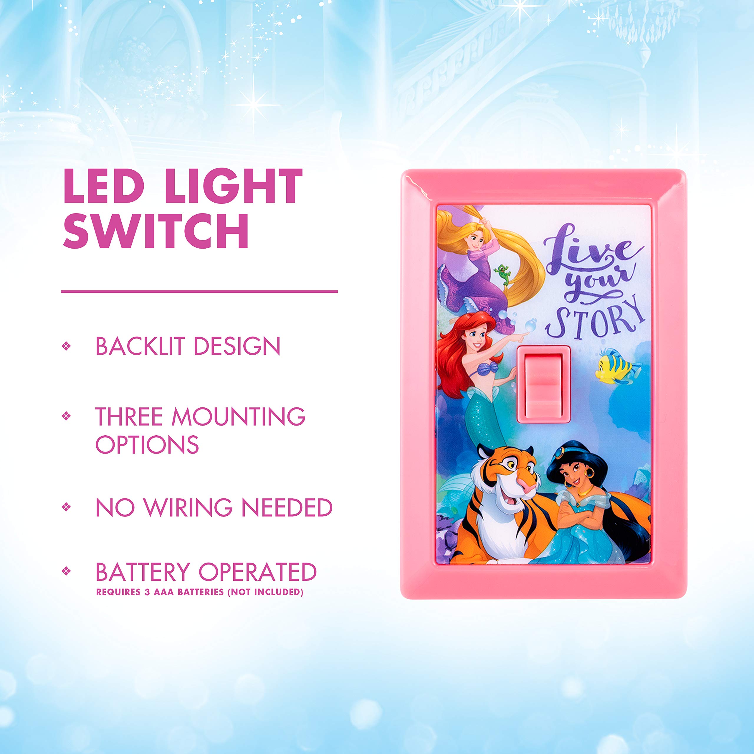 Disney Princess LED Night Light for Kids - Battery Operated Wall Switch Cover, Pink Room Decor for Playrooms, Bedrooms & Bathrooms - Perfect for Bedtime, Nighttime Safety & Nursery Decor (Model 44487)