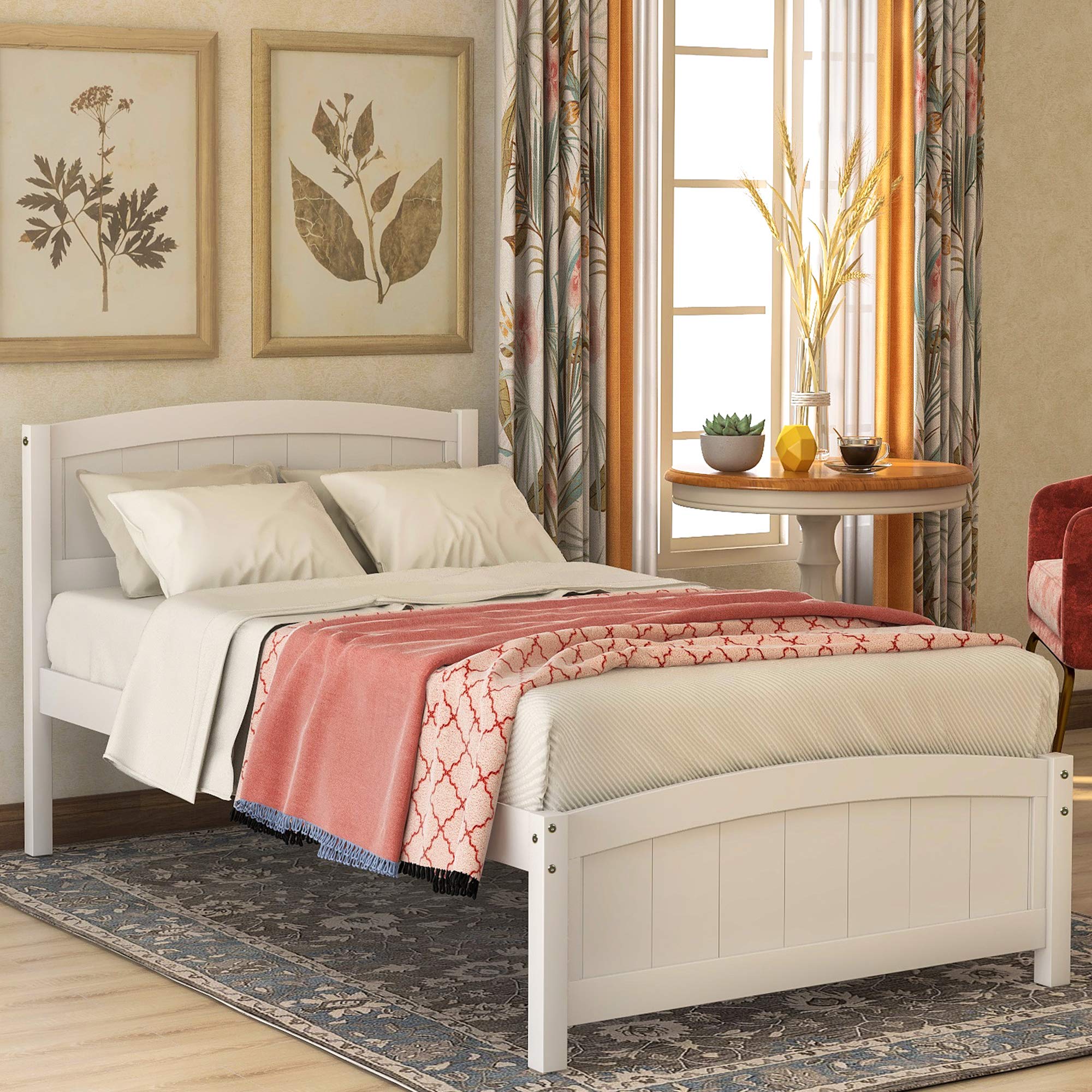 LZ LEISURE ZONE White Wooden Twin Bed Frame with Headboard & Footboard - Sturdy Platform Bed with Slat Support for Kids Room, Guest Bedroom & Small Spaces