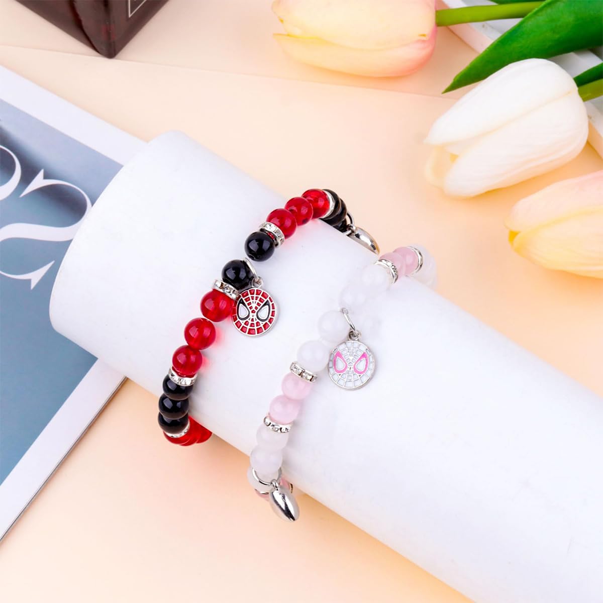 SANNIDHI® Matching Couple Bracelets for Women & Girls - Spiderman Pendant, Opal Beads, Hello Kitty & Magnetic Heart BFF Friendship Bracelets - Best Gifts for Sisters, Kids & Best Friends (Perfect for Valentine's Day, Birthdays & Anniversaries)