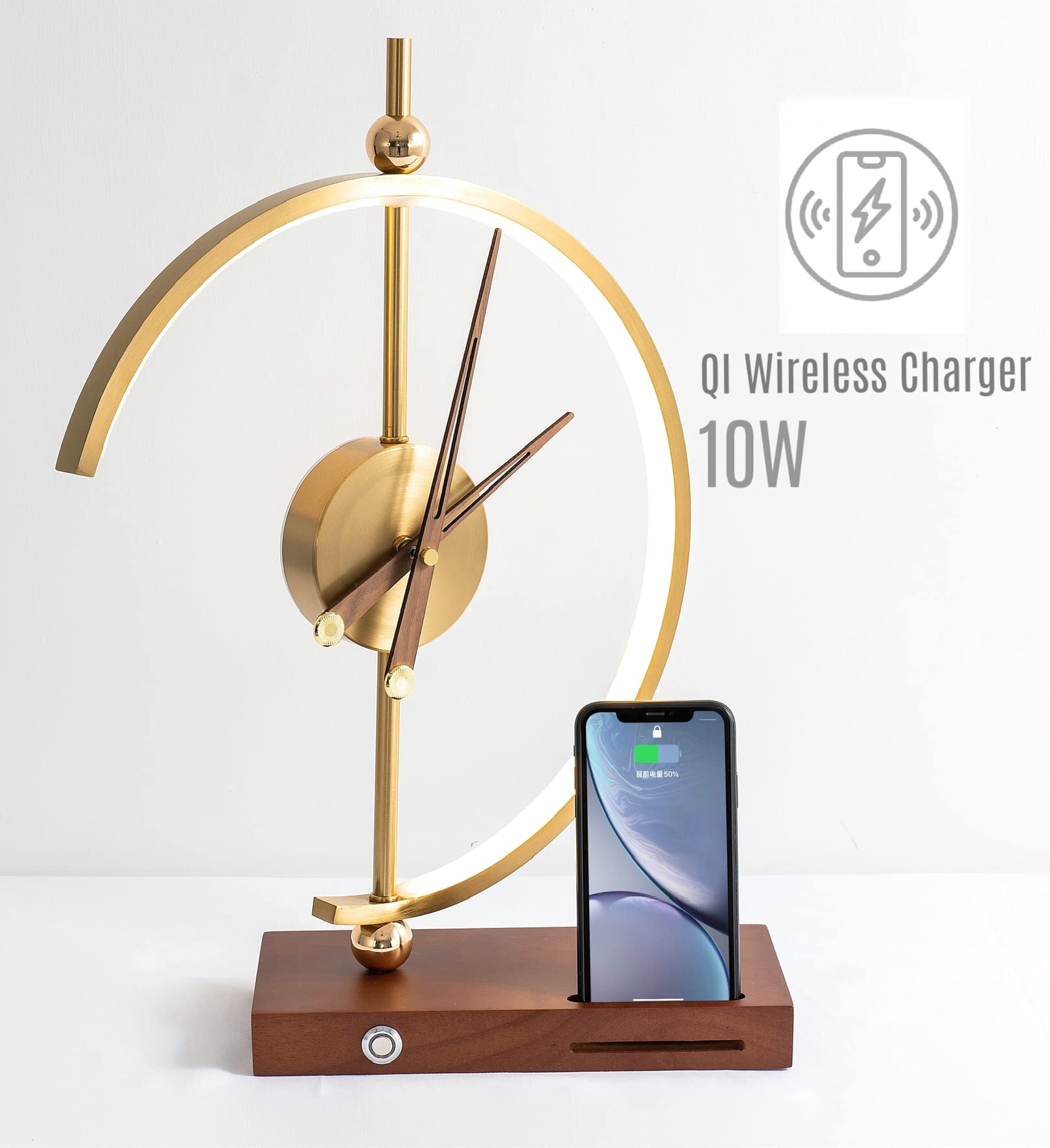 Flavio Russo Golden Time Decorative LED Desk Lamp with 12-Hour Clock, Qi Wireless Charger & USB Port - Perfect for Home Office, Bedroom Nightstand, and Gift Giving