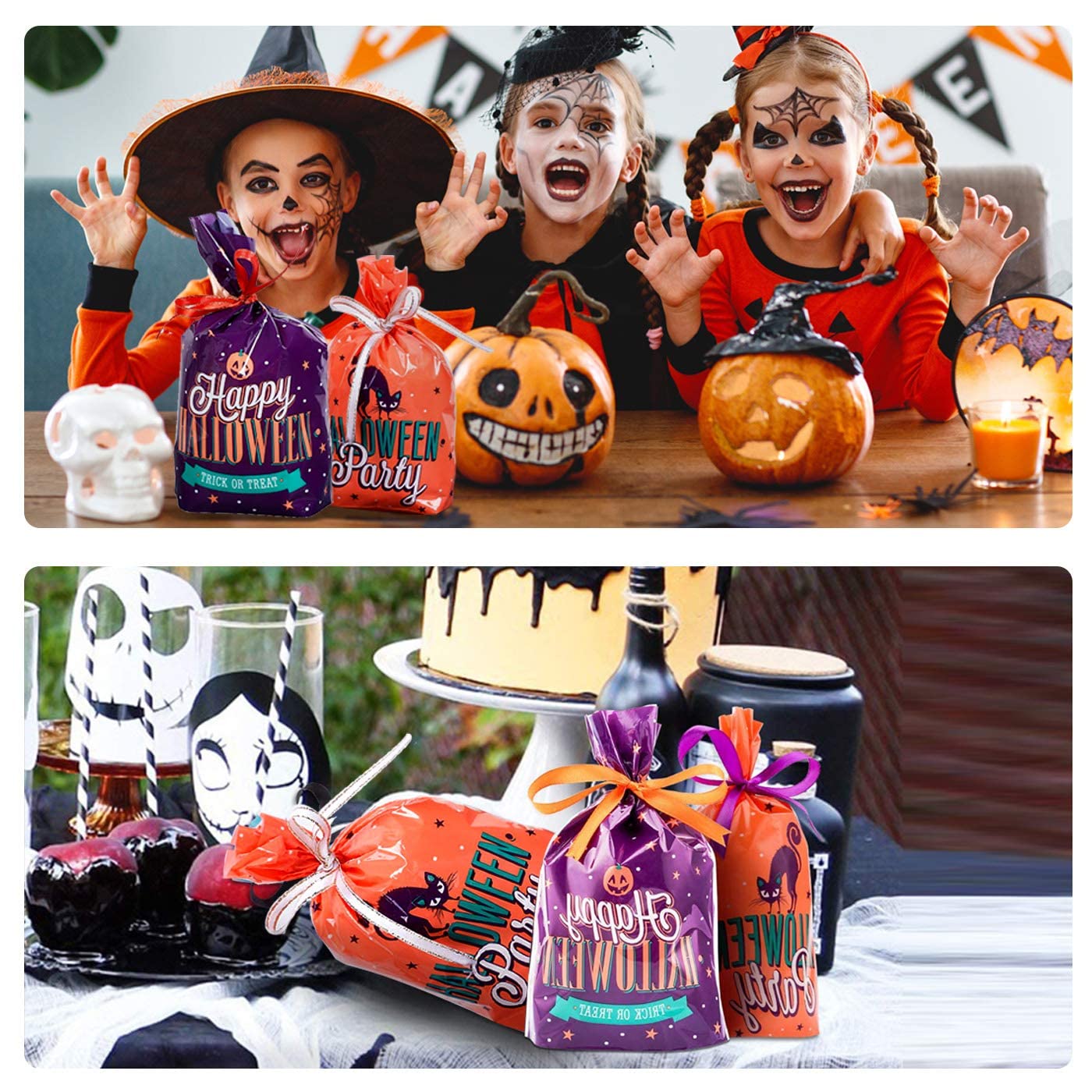 100PCS Halloween Candy Bags with 72Ft Satin Ribbon - Cat Pumpkin Pattern Treat Bags for Chocolate, Cookies, Biscuits (7.9