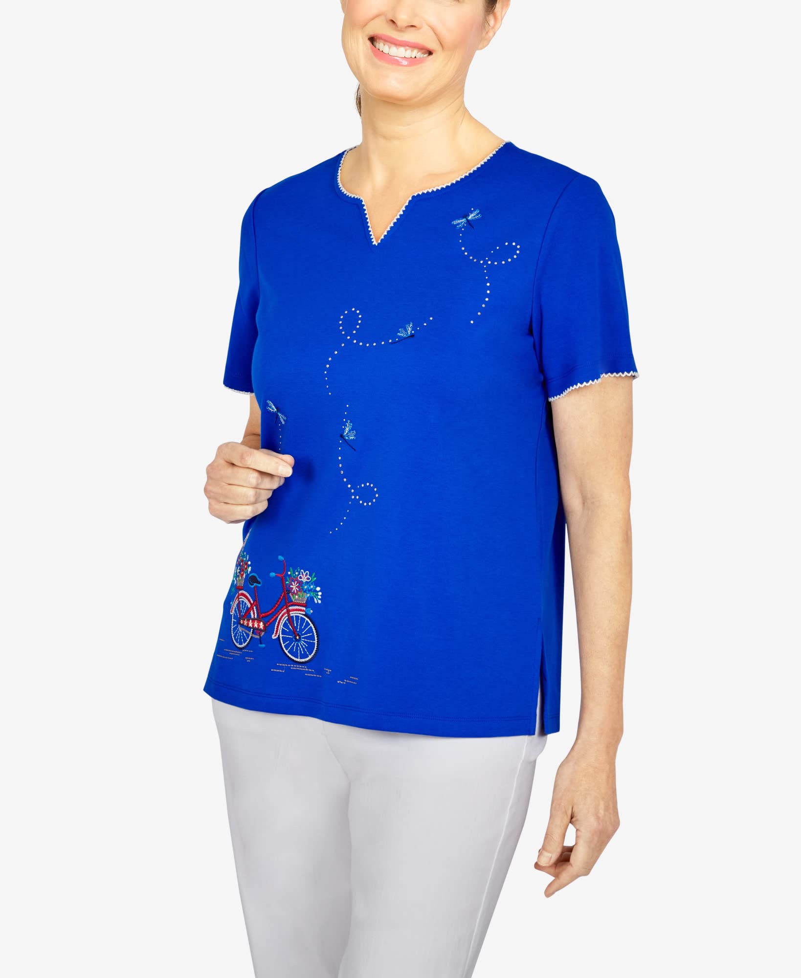 Alfred Dunner Women's Petite Embroidered Knit Bike Top - Comfortable Casual Blouse for Cycling & Outdoor Activities