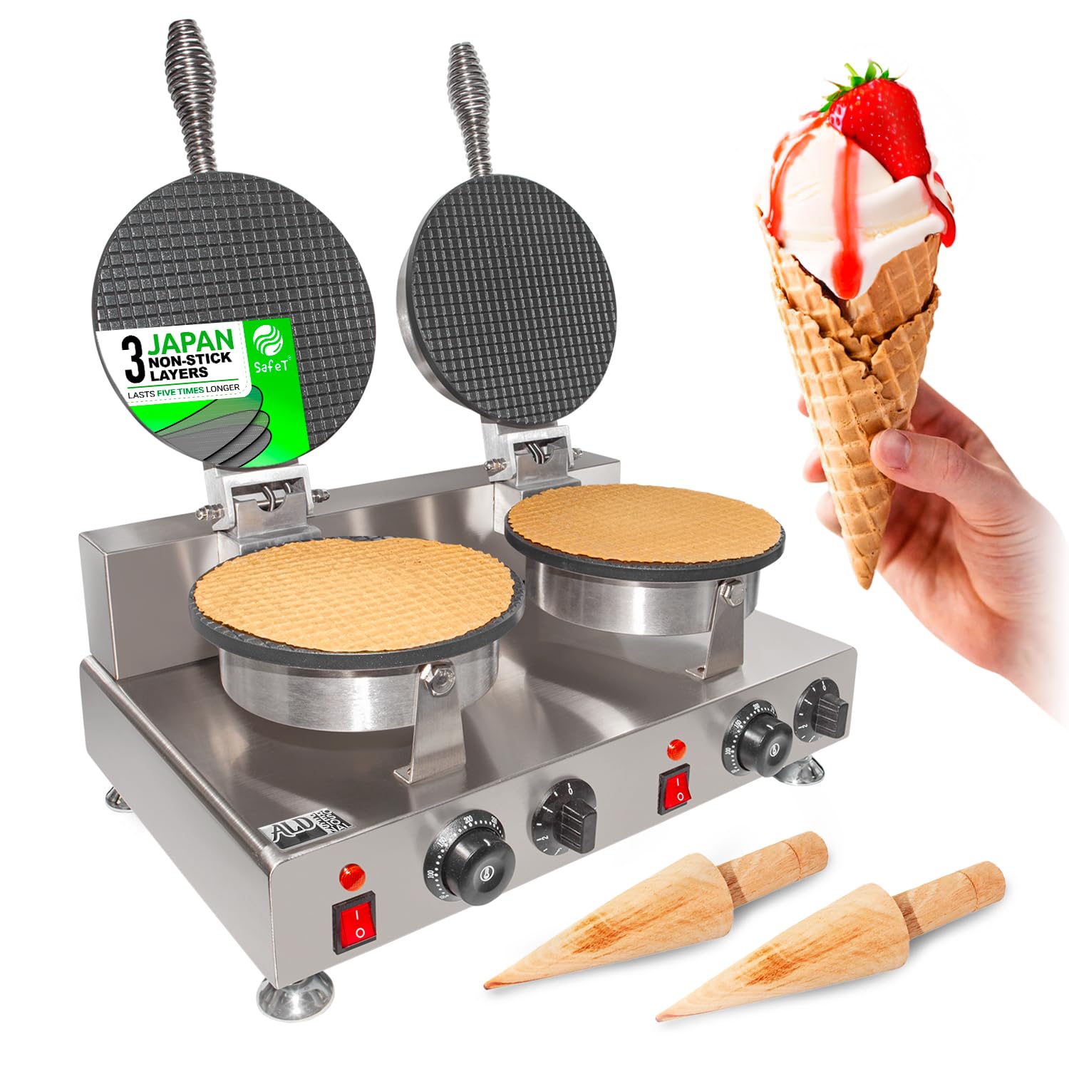 ALDKitchen Stainless Steel Waffle Cone Maker - 2 Head Electric Ice Cream Cone Maker for Homemade Waffle Cones | Perfect for Parties, Dessert Shops & Home Baking
