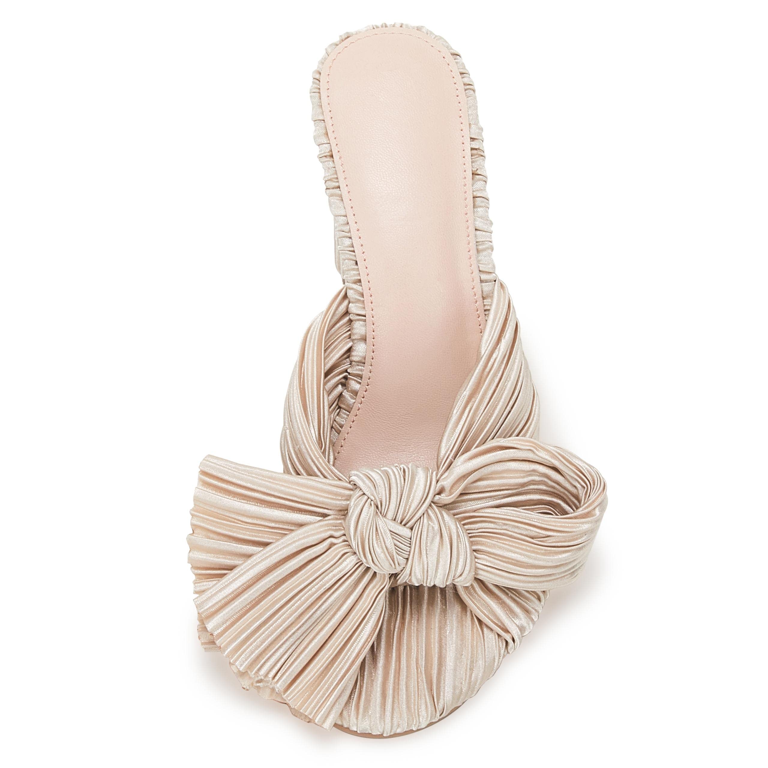 VETASTE Women's Pleated Bow Knot Heeled Sandals - Comfortable Slip-On Open Toe Block Chunky Heel Slides for Bridal, Wedding, Party & Dressy Occasions