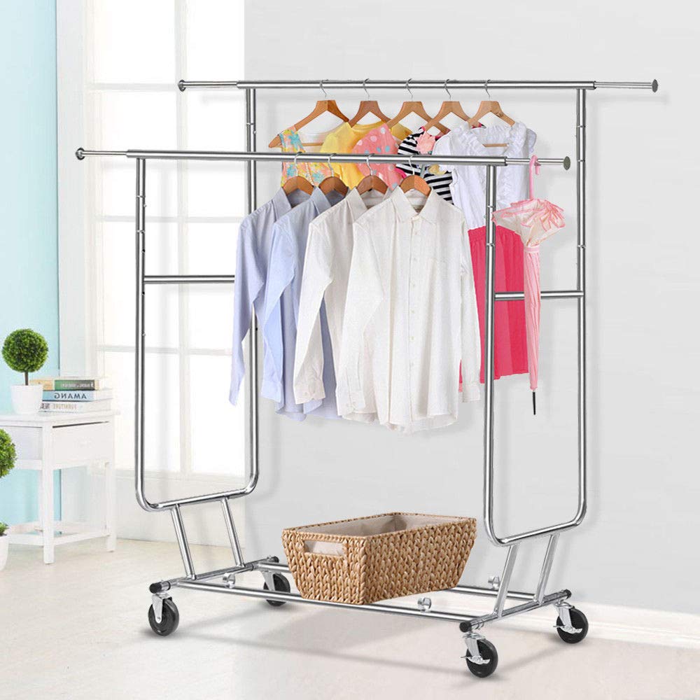 Commercial Grade Garment Rack - Heavy Duty Collapsible Rolling Double Rail Clothes Hanger for Retail Stores, Boutiques & Home Organization