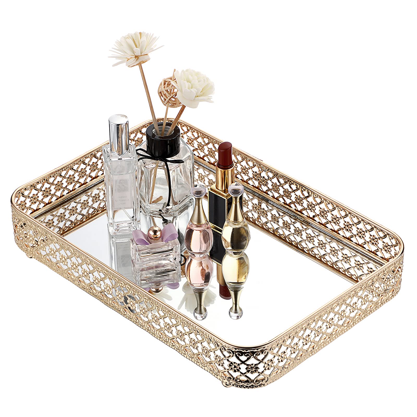 ELLDOO Gold Vanity Tray for Jewelry & Makeup - Hollow-Carved Glass & Metal Organizer with Mirror, Dresser & Bathroom Countertop Storage (Medium Size) - Perfect for Displaying Perfume Bottles, Rings & Cosmetics