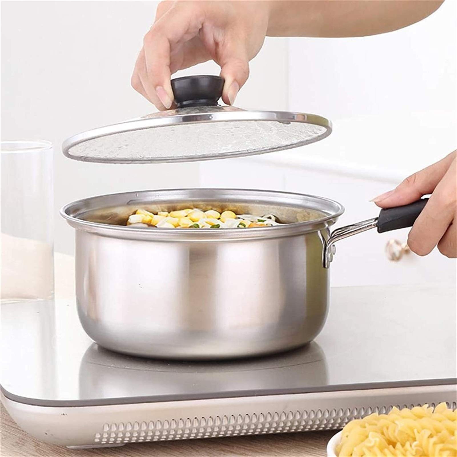 Premium Stainless Steel Milk Pan with Glass Lid - Large Capacity Saucepan for Cooking, Boiling Milk, Noodles & Soup | Ideal for Home Kitchen, Dorm & Camping Use