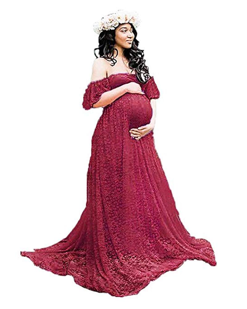 Sicily Women's Lace Off-Shoulder Long Maternity Dress for Pregnancy Photoshoot, Baby Shower & Special Occasions
