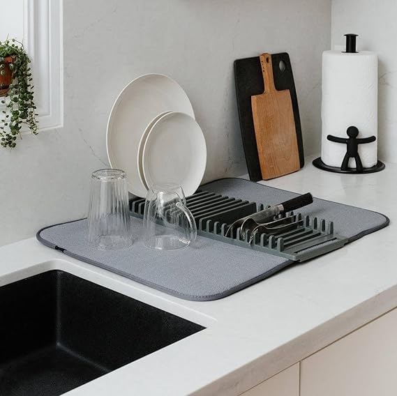ENCHANTMENT ARAA PAVA Dish Drying Rack with Microfiber Mat - Removable Countertop Drain Tray for Wine Glasses, Bowls & Plates - Perfect for Kitchen Sink, Countertop Drying & Space-Saving Storage