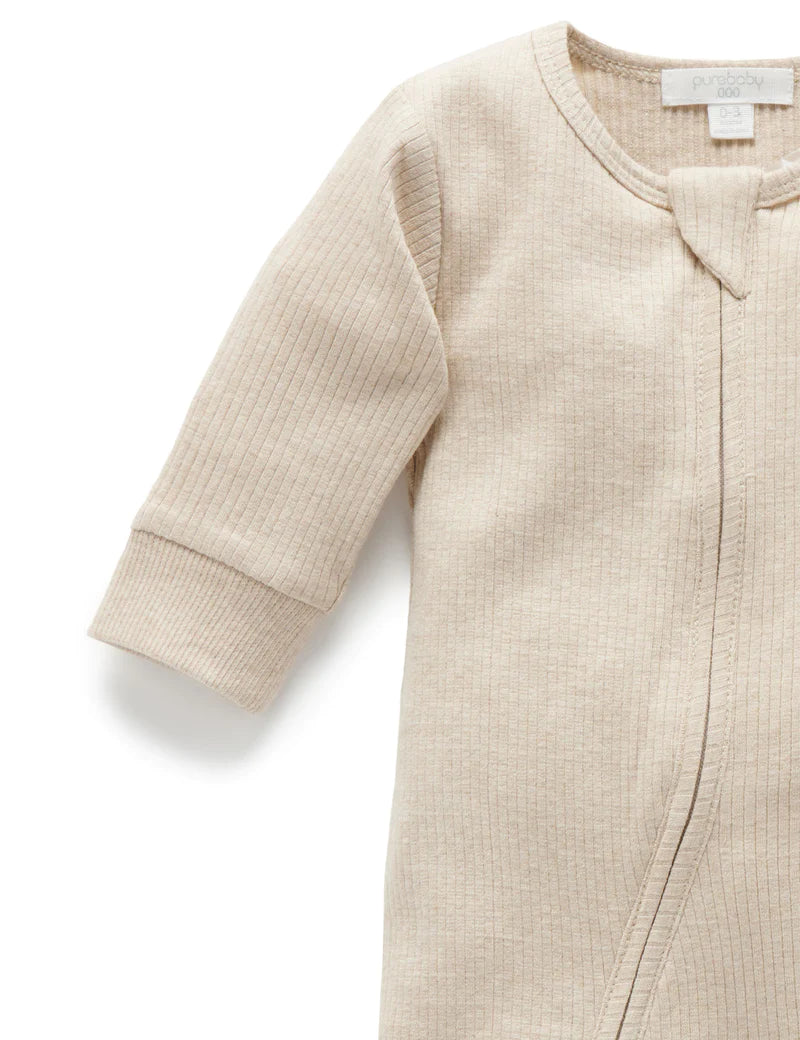 Purebaby Organic Ribbed Growsuit for Babies - Soft Cotton Bodysuit with Snaps, Neutral Biscuit Melange Color - Perfect for Newborns, Daycare & Family Outings