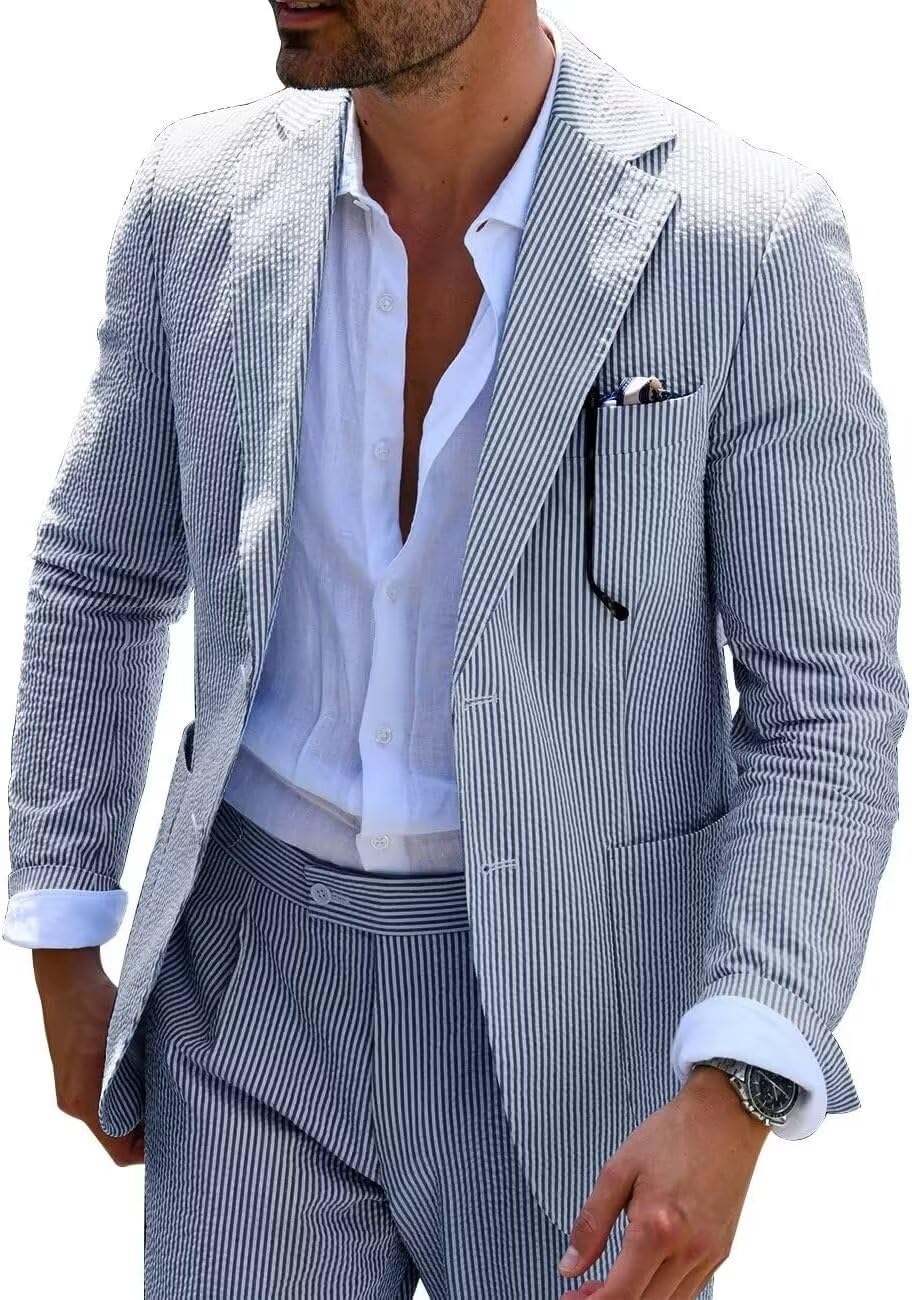 Men's Blue Seersucker Summer Suit - Slim Fit Wedding Groom Formal Attire | Perfect for Beach Weddings, Garden Parties & Summer Business Events
