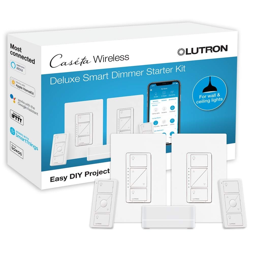 Lutron Caséta Deluxe Smart Dimmer Switch Kit (2-Pack) with Smart Hub - Compatible with Alexa, Apple HomeKit, Ring & Google Assistant - P-BDG-PKG2W-A - White - Perfect for Smart Home Lighting Control & Automation