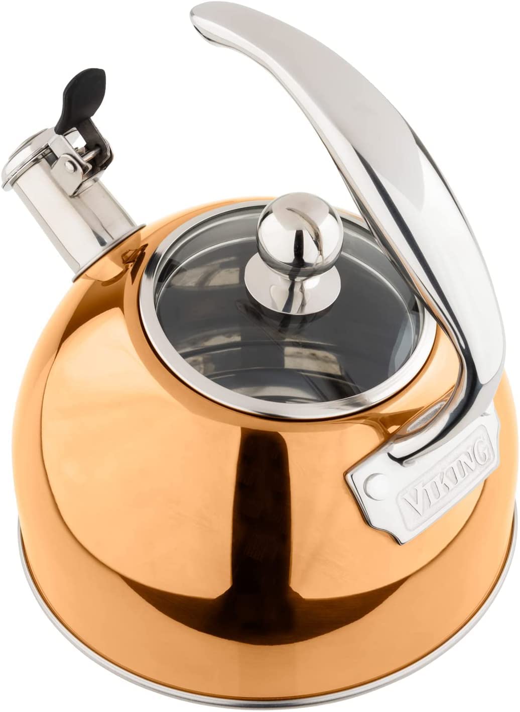 Premium Viking 3-Ply Stainless Steel Whistling Tea Kettle - 2.6 Quart Stovetop Hot Water Pot with Tempered Glass Lid & Ergonomic Handle - Induction Compatible Rose Gold - Perfect for Tea Brewing, Coffee Making & Kitchen Decor