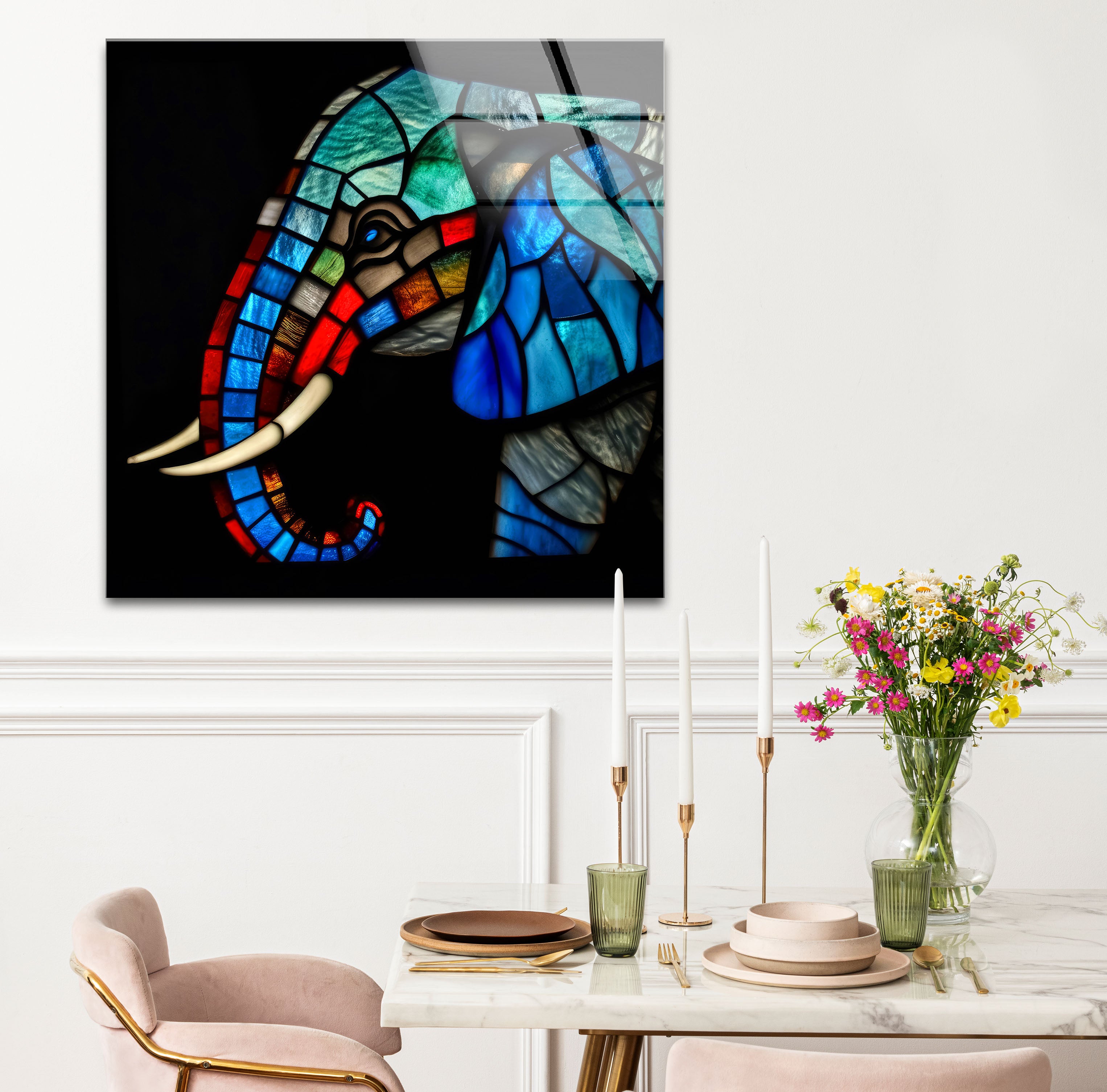 Blue Stained Glass Elephant Wall Art - Vibrant Animal Glass Print Design for Home Decor, Living Room & Bedroom