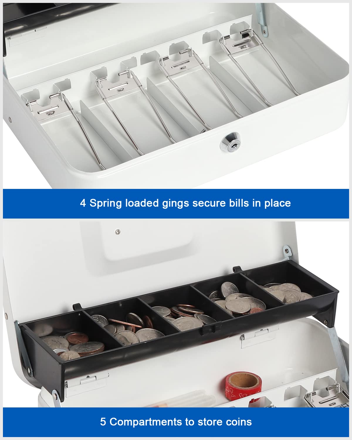 Heavy Duty Metal Cash Box with Money Tray & Lock - 11.8 x 9.5 x 3.54 Inches Secure Lockbox for Cash, Coins, Valuables - Ideal for Home, Office, Retail Store & Small Business Use (White)