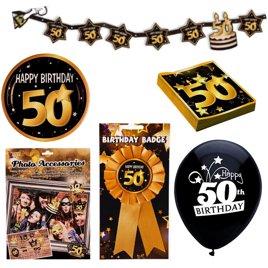 50th Birthday Party Decorations & Tableware Kit for 16 Guests - Gold & Black Theme Party Supplies Set for Anniversary Celebration, Retirement Party, Milestone Event Decor