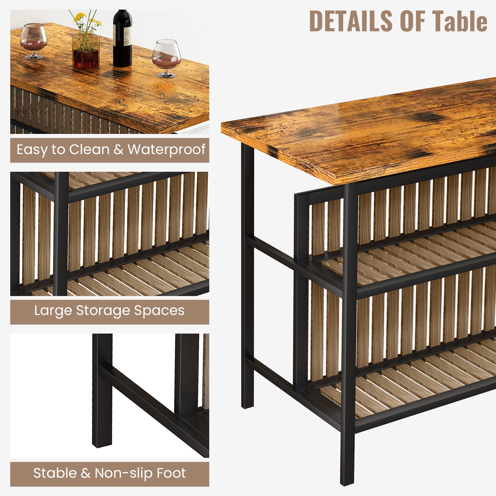 Lamerge 3-Piece Industrial Bar Table and Chairs Set with Storage Shelves, Walnut Counter Height Kitchen Island Table for 2, Perfect for Small Spaces, Dining Room, and Kitchen Breakfast Nook