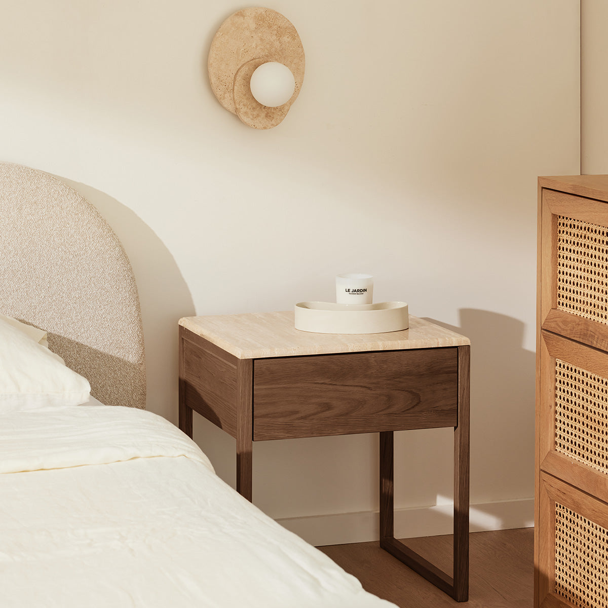 Modern Avalon Travertine Bedside Table - Natural Stone Nightstand with Drawer - Perfect for Bedroom, Guest Room & Hotel Decor
