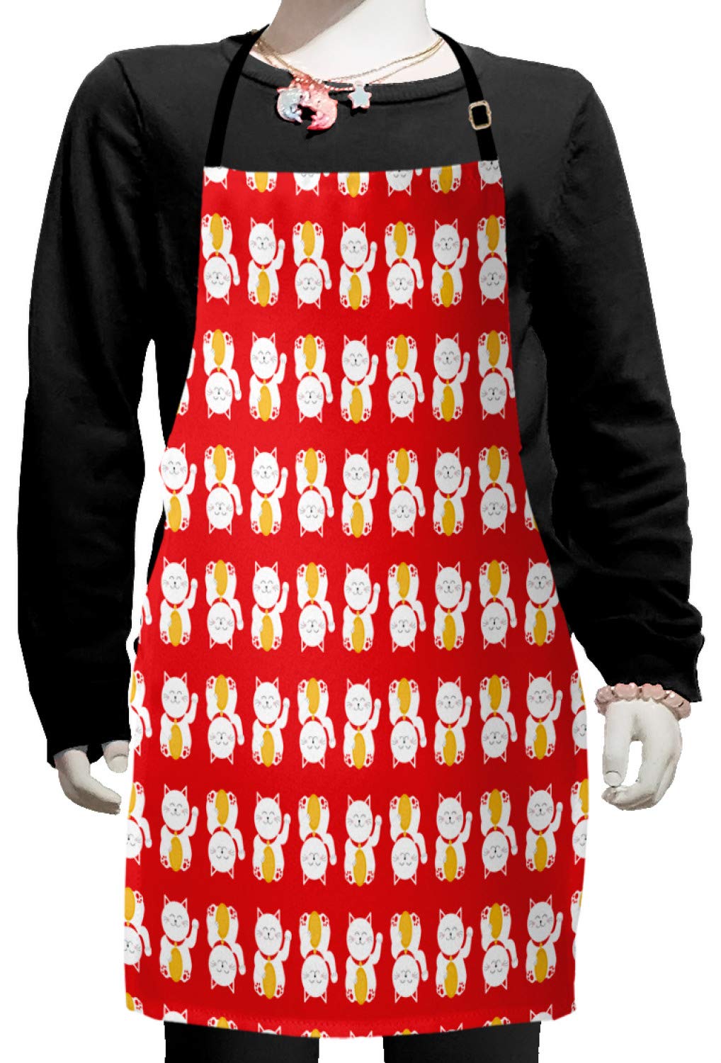 Ambesonne Japanese Cat Apron - Lucky Maneki Neko Design for Baking & Painting - Adjustable Ties, Small Size (Vermilion/White/Mustard) - Perfect for Kitchen, Art Classes & Cosplay