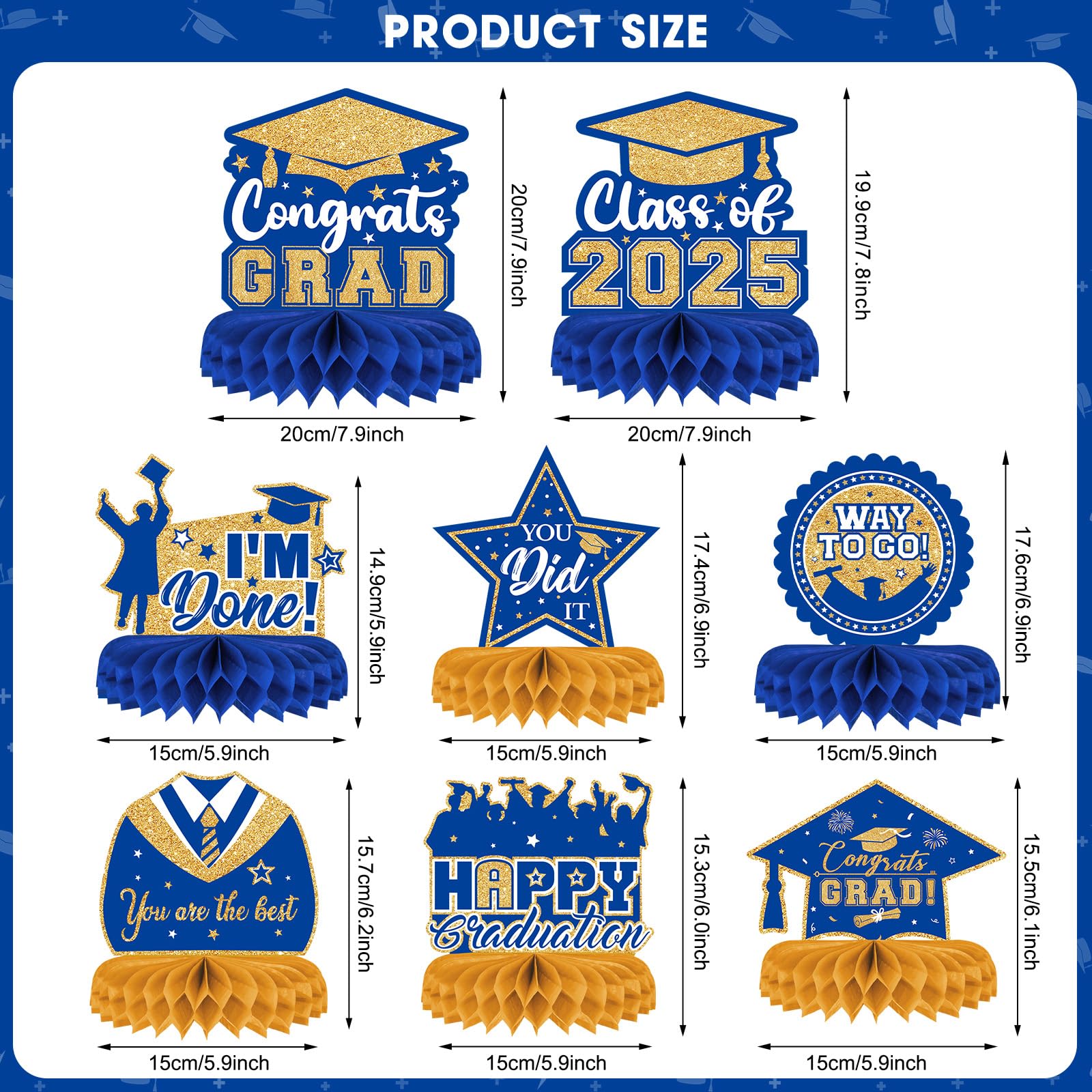 8-Piece Class of 2025 Graduation Decor Set - Blue & Gold Honeycomb Centerpieces, Table Toppers for 2025 Grad Party | Perfect for Graduation Ceremony Decorations, Senior Night, and College Celebration Decor