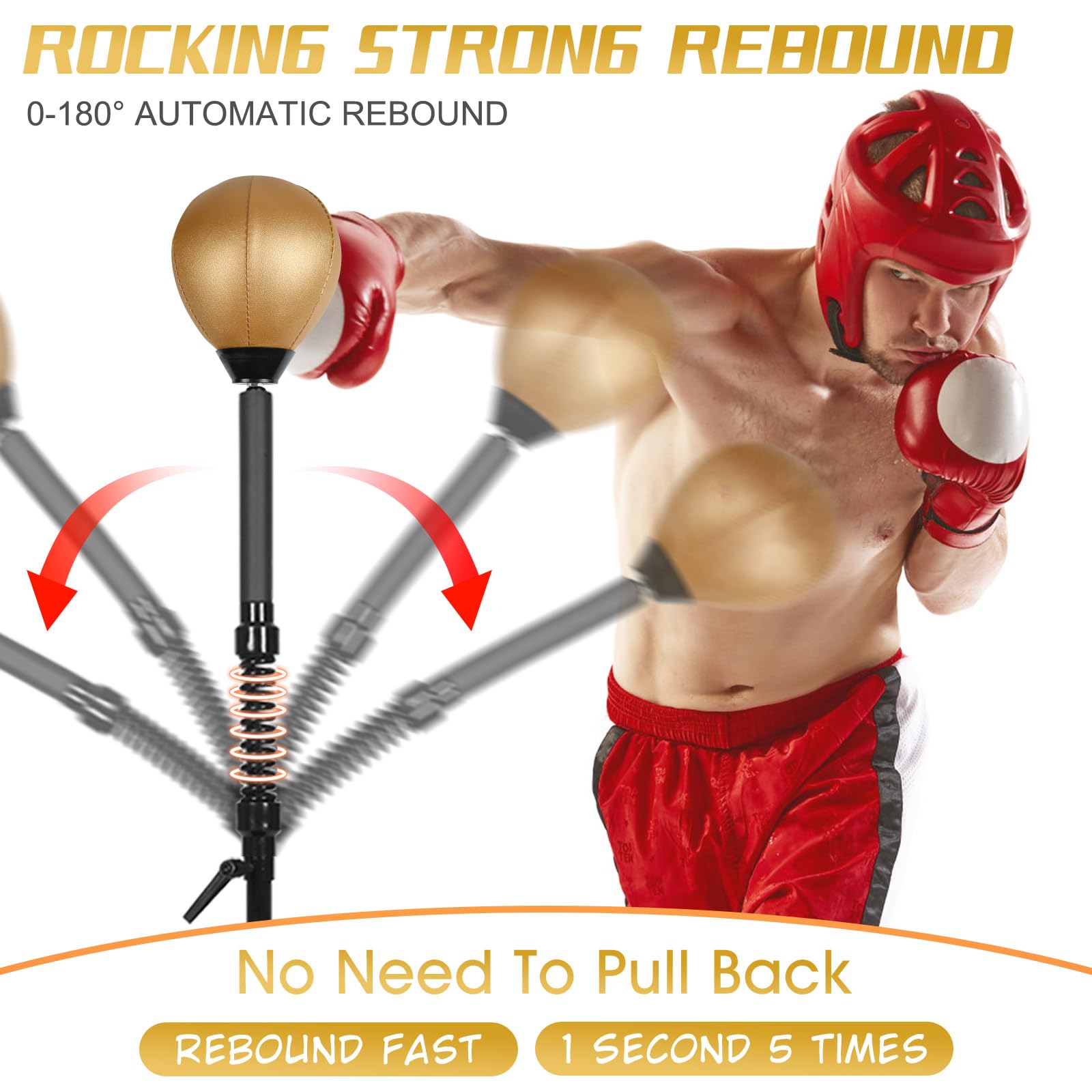 Premium Reflex Speed Bag with Thick Base - Adjustable Height Free Standing Punching Bag for Boxing Training, Stress Relief & Fitness - Heavy Duty Reinforced Spring, Durable Golden Design - Perfect for Home Gym, Martial Arts & Cardio Workouts