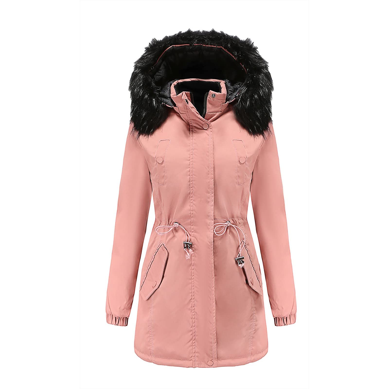 Women's Mid-Length Hooded Winter Coat - Solid Color Fleece-Lined Warm Jacket with Fur Collar | Plus Size Cotton Padded Coat for Cold Weather | Outdoor Activities & Daily Wear