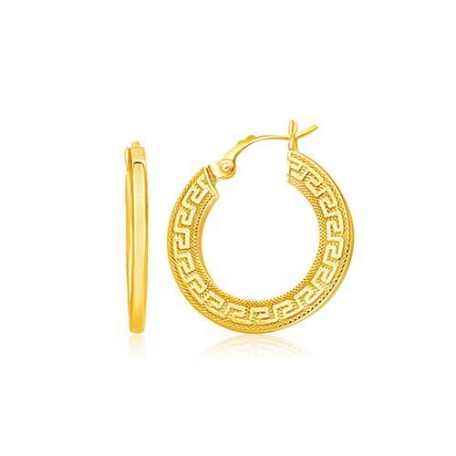 14K Yellow Gold Greek Key Medium Hoop Earrings with Flat Sides - Elegant Dangle Earrings for Women, Perfect for Weddings, Parties & Everyday Wear