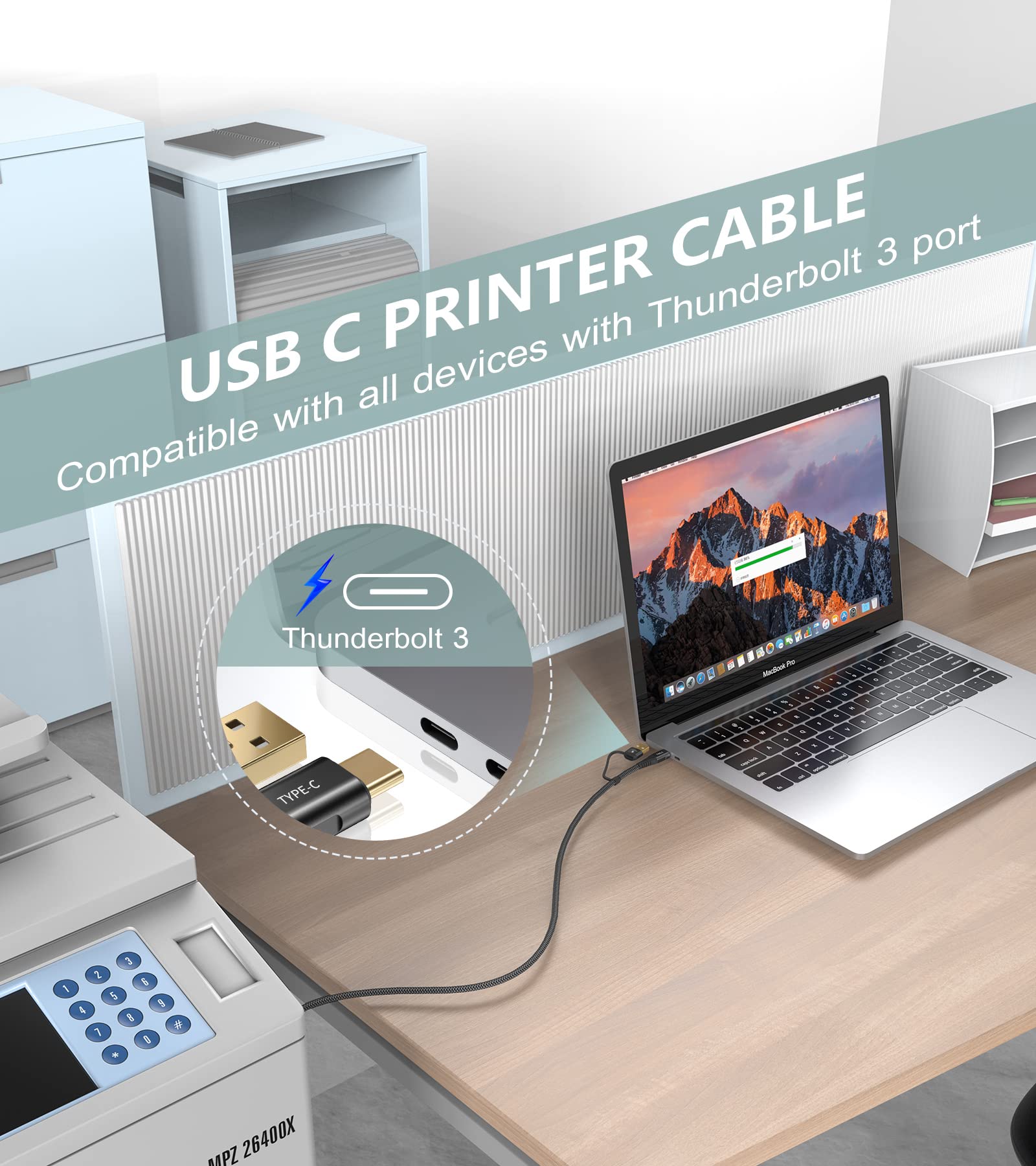 2-in-1 USB-A/C to USB-B Printer Cable 10FT - High Speed Braided USB C MIDI Cable for HP/Canon/Dell/Epson/Brother/Samsung Printers, MacBook Pro/Air, Digital Piano MIDI Controller - Durable & Tangle-Free (Black) - Perfect for Home Office, Studio & Music Production