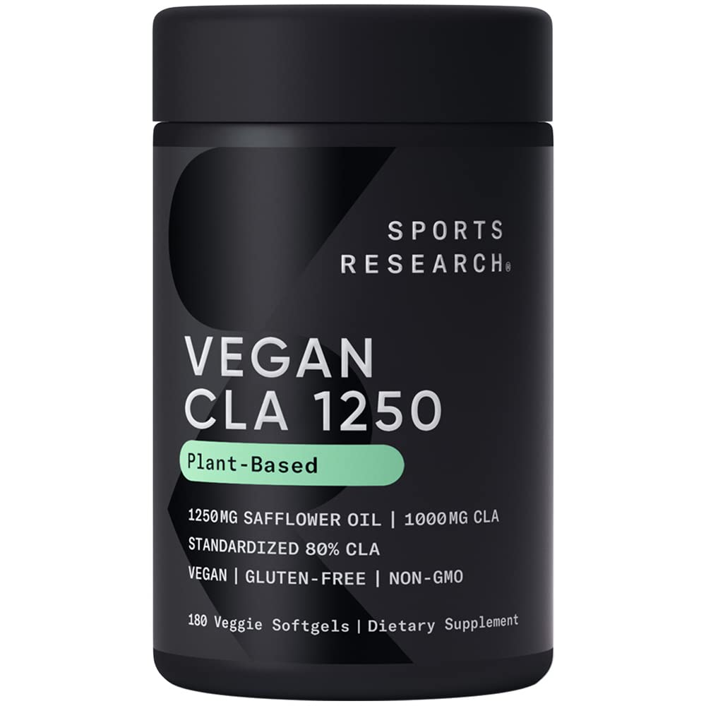 Sports Research Vegan CLA 1250mg - Conjugated Linoleic Acid Supplement for Weight Management | Non-GMO, Soy & Gluten Free (180 Softgels) | Supports Metabolism & Energy for Active Men & Women